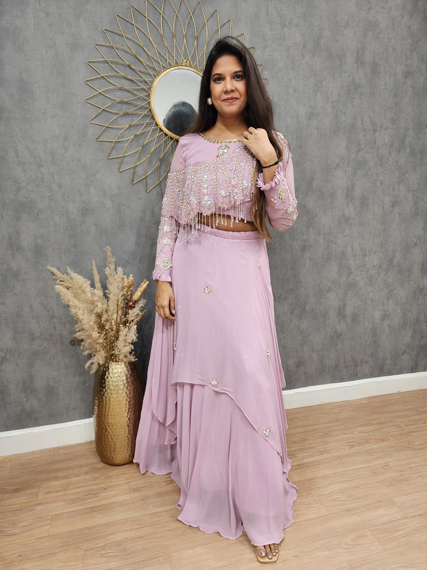 Muskan onion pink detachable cape layered lehenga