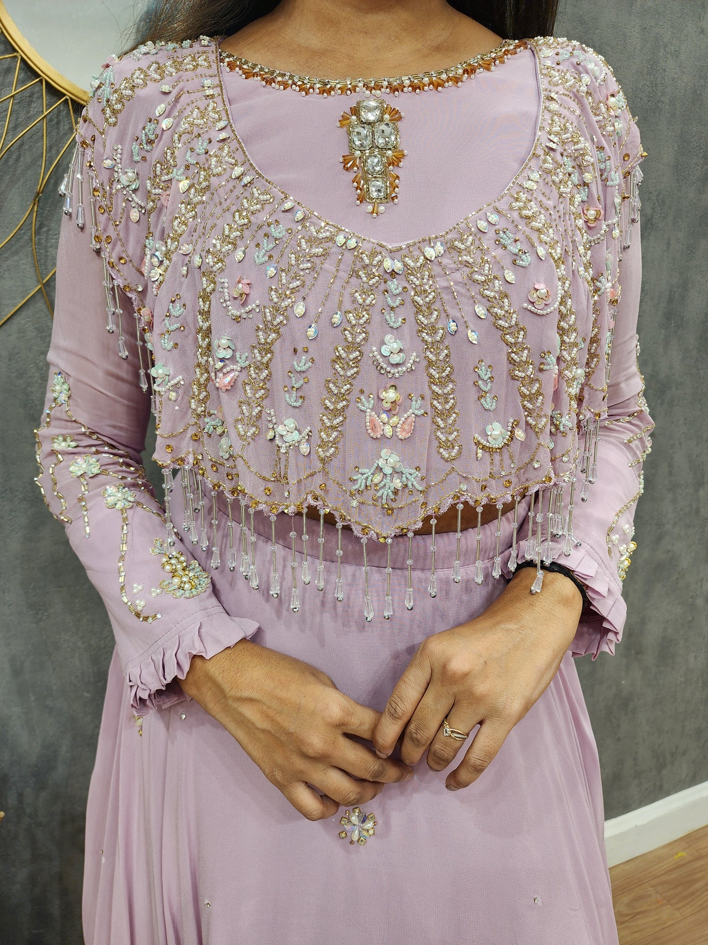 Muskan onion pink detachable cape layered lehenga