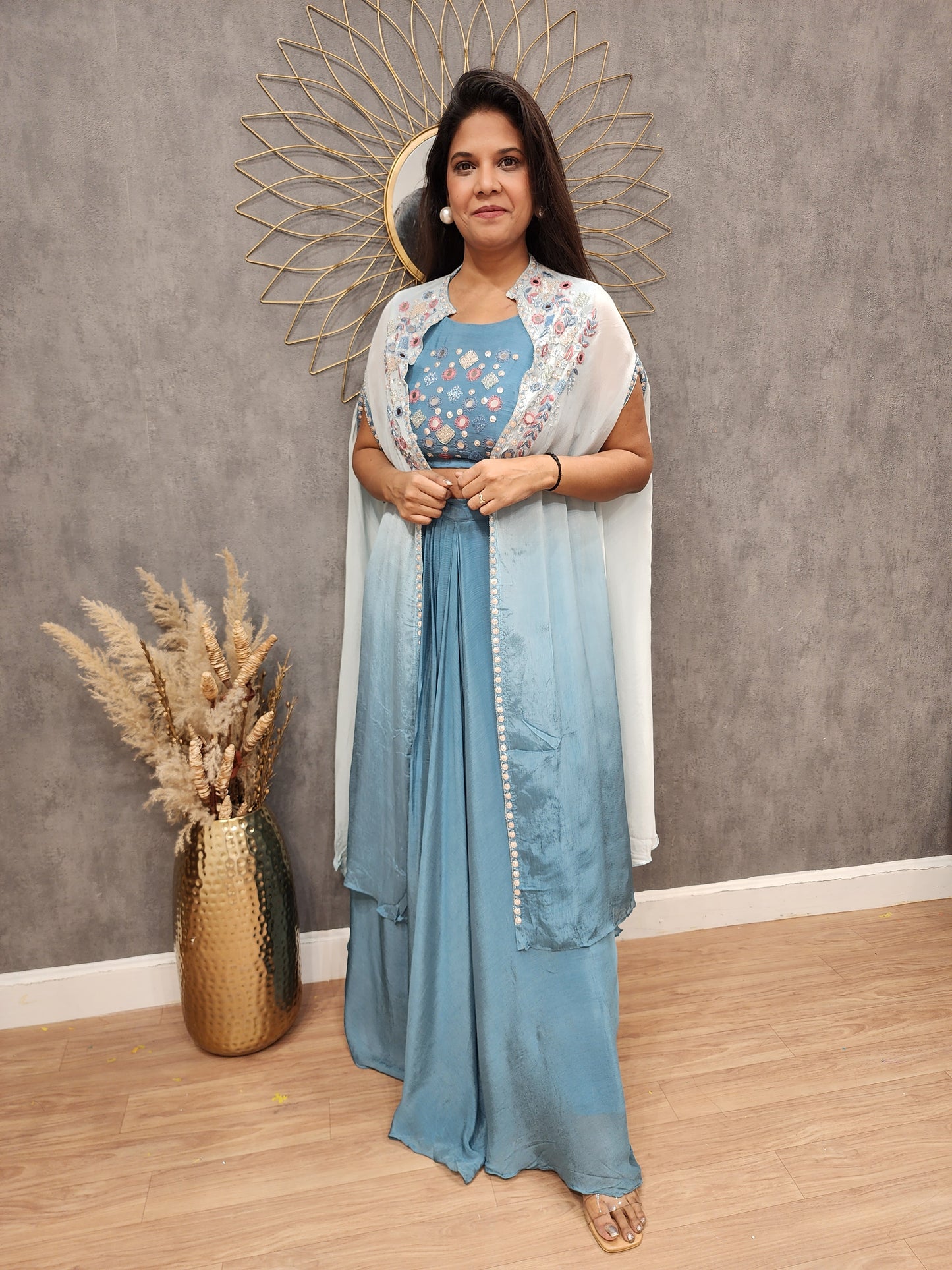 Aqua blue ombre embellished cowl dress