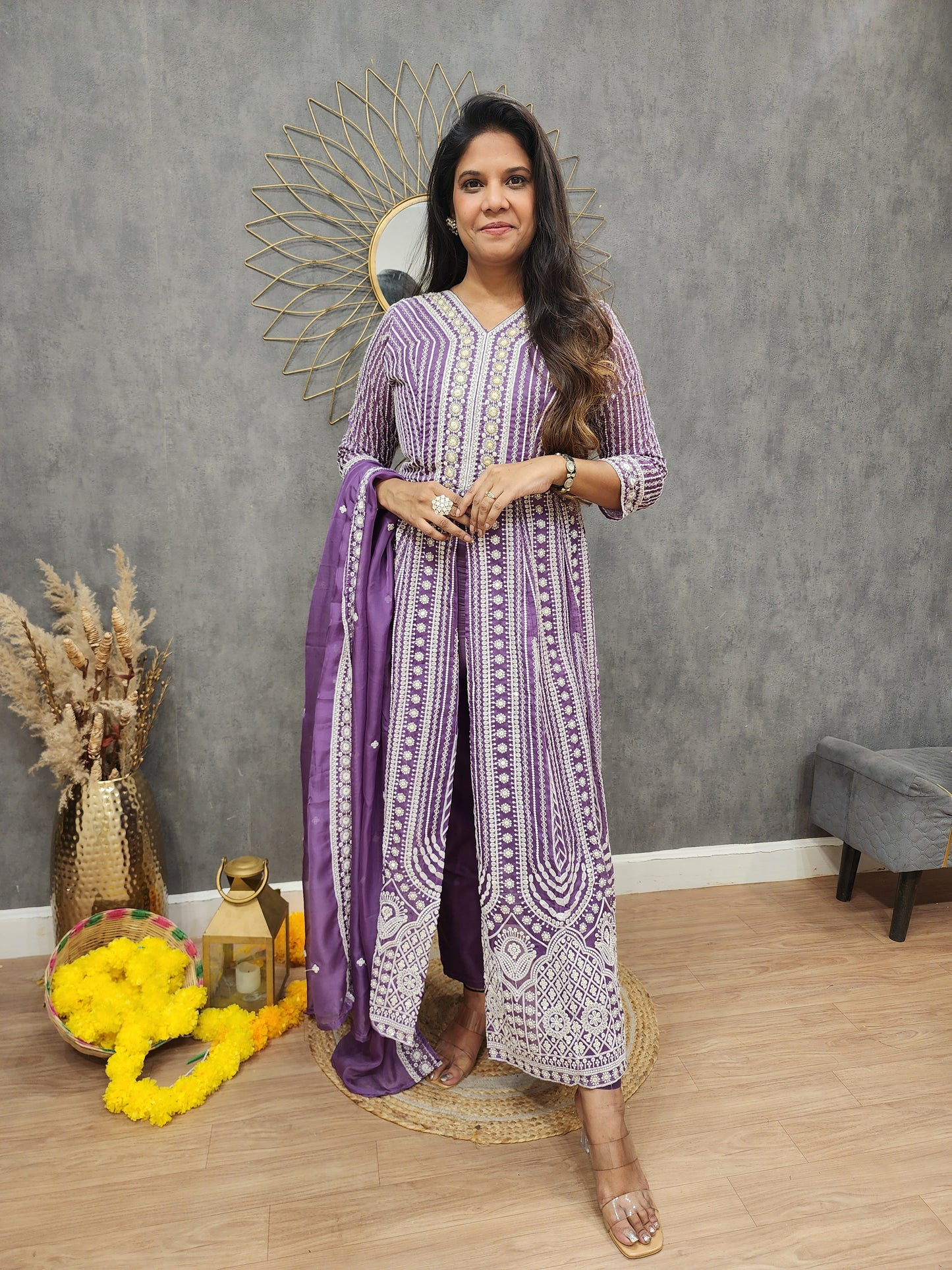 Purple Embroided centre slit indowestern suit