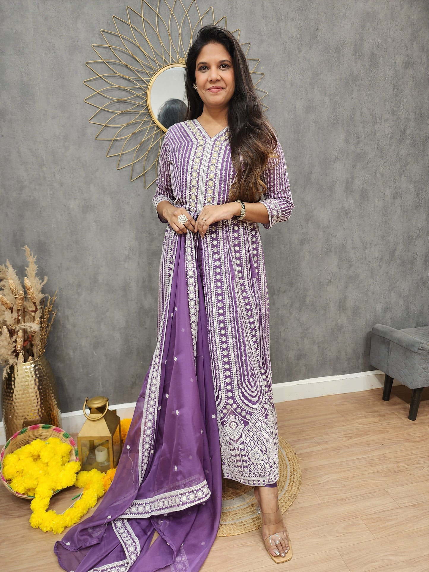 Purple Embroided centre slit indowestern suit