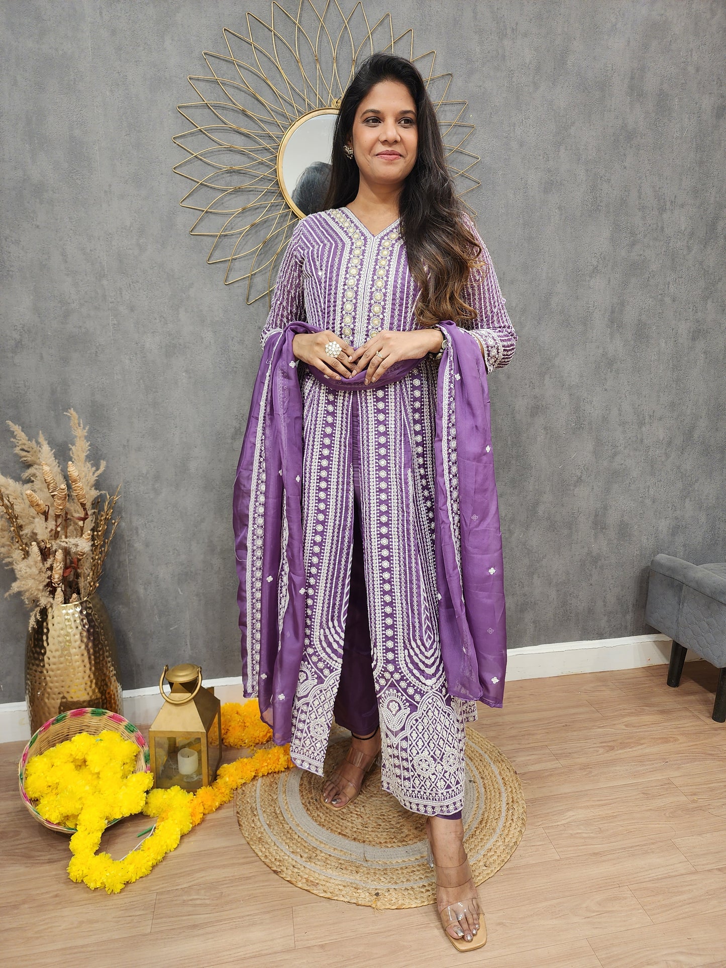 Purple Embroided centre slit indowestern suit