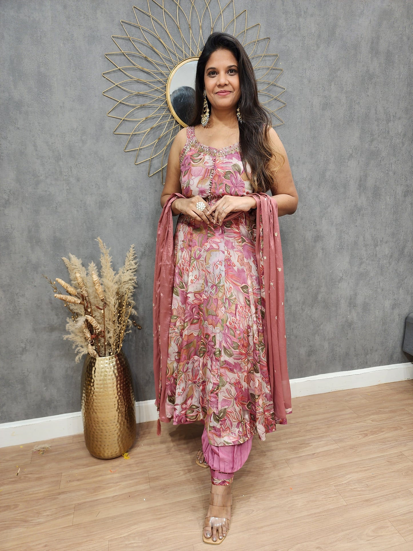 Mauve floral print afghani anrakali suit