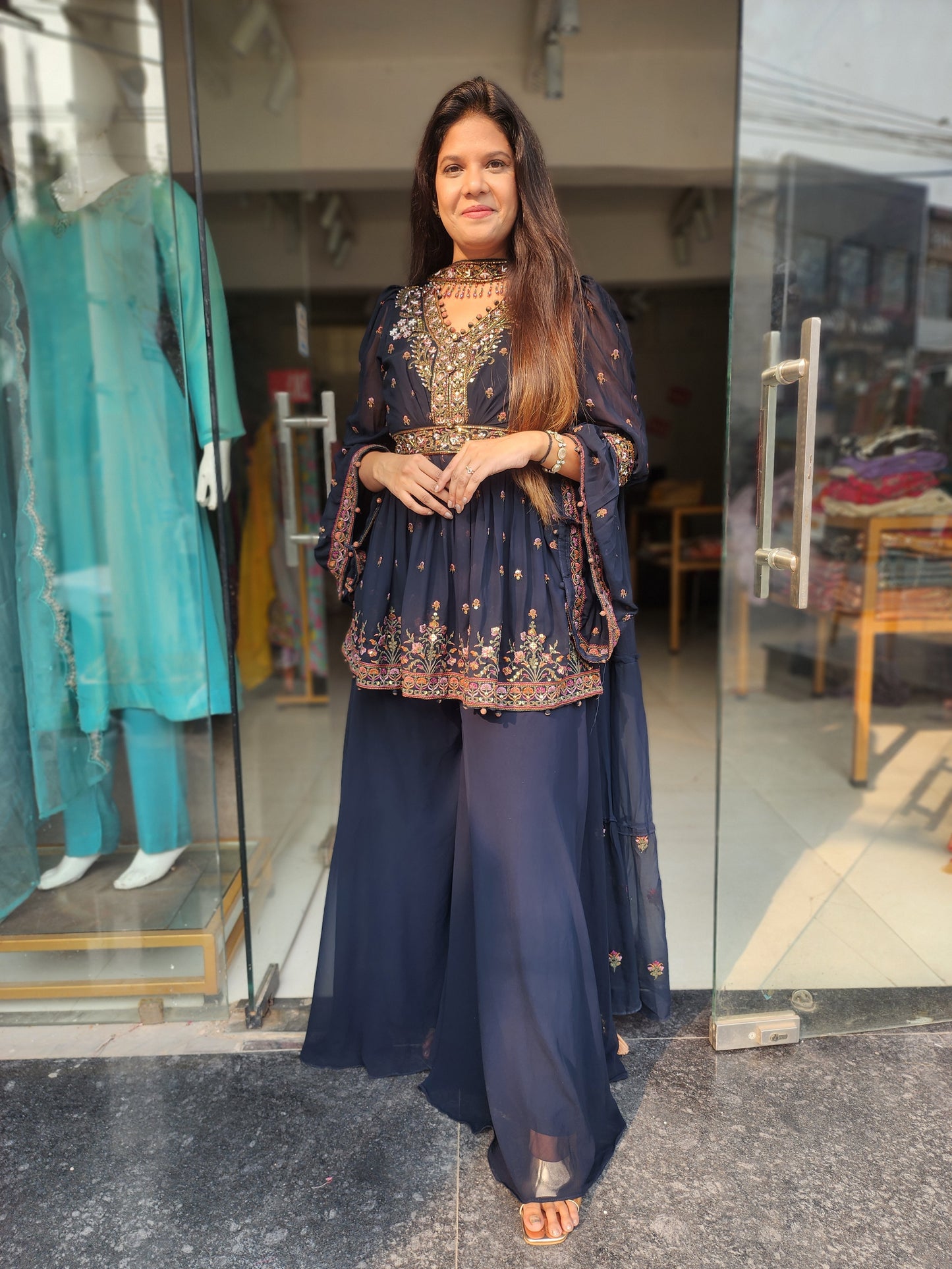 Sadaf Coal blue Embroided peplum divider dress