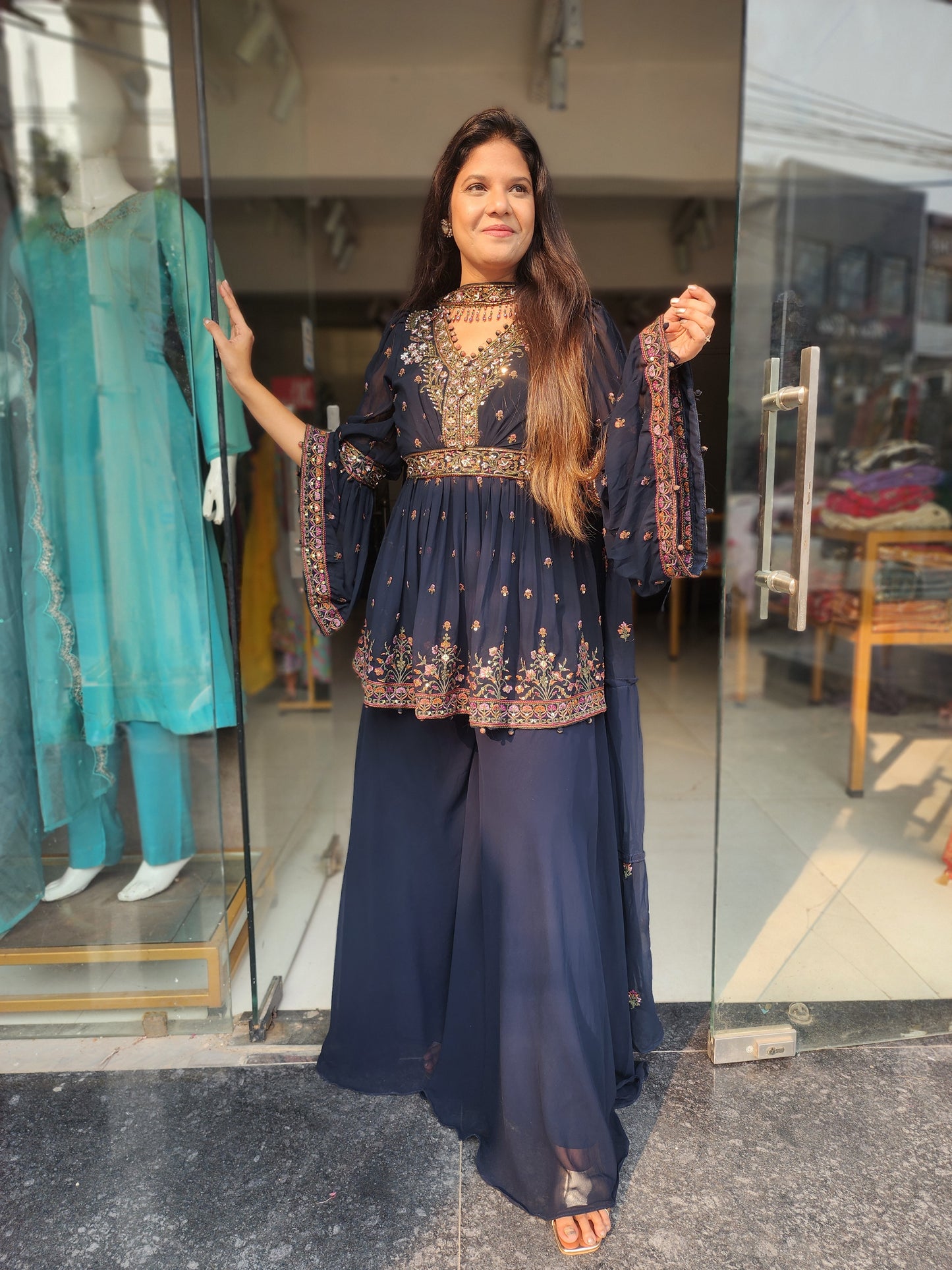 Sadaf Coal blue Embroided peplum divider dress