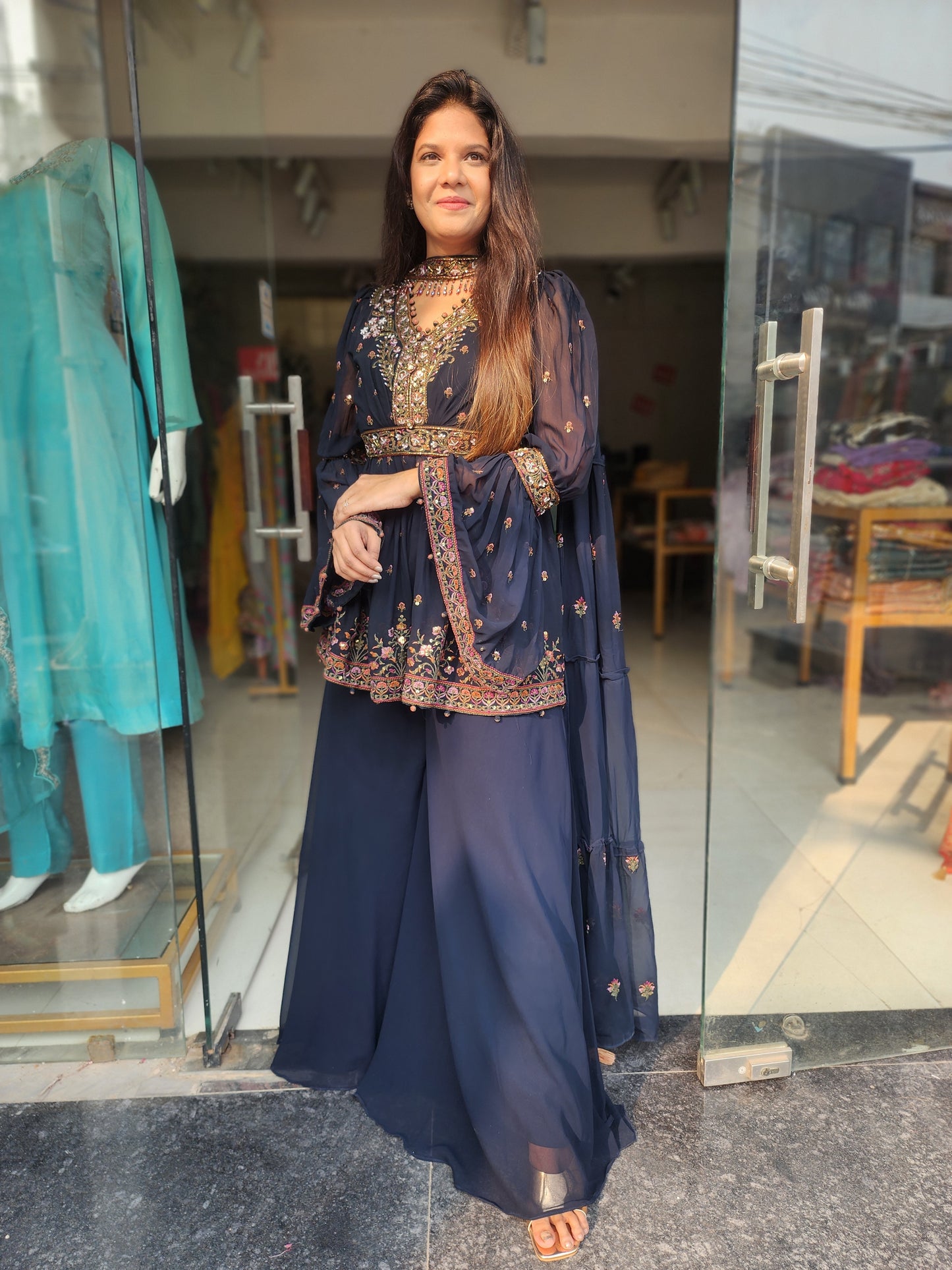 Sadaf Coal blue Embroided peplum divider dress