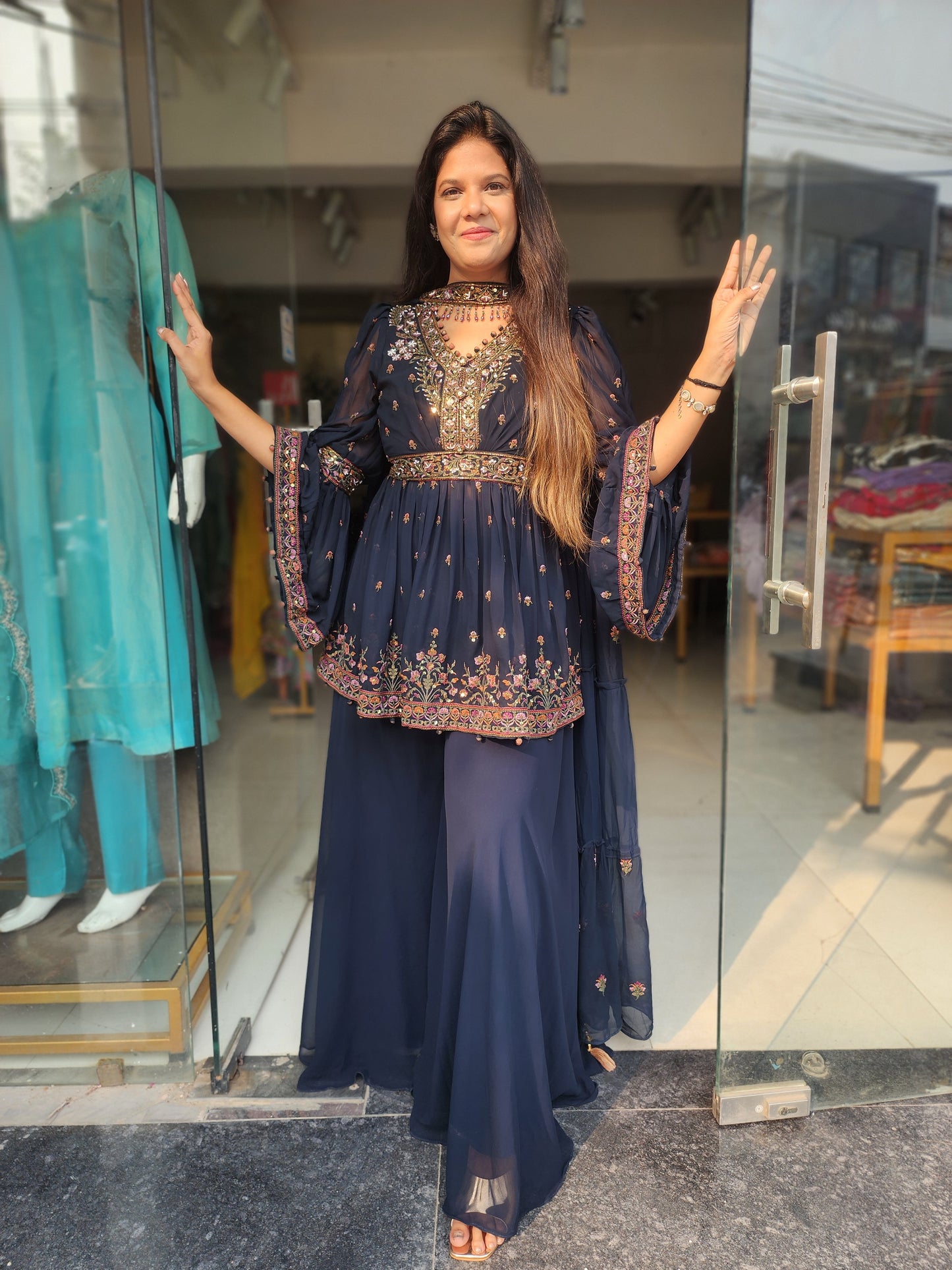 Sadaf Coal blue Embroided peplum divider dress