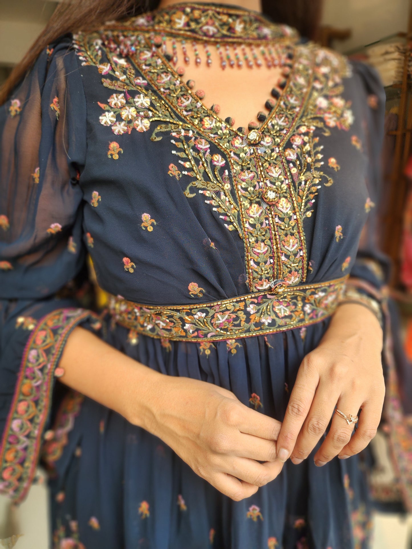 Sadaf Coal blue Embroided peplum divider dress