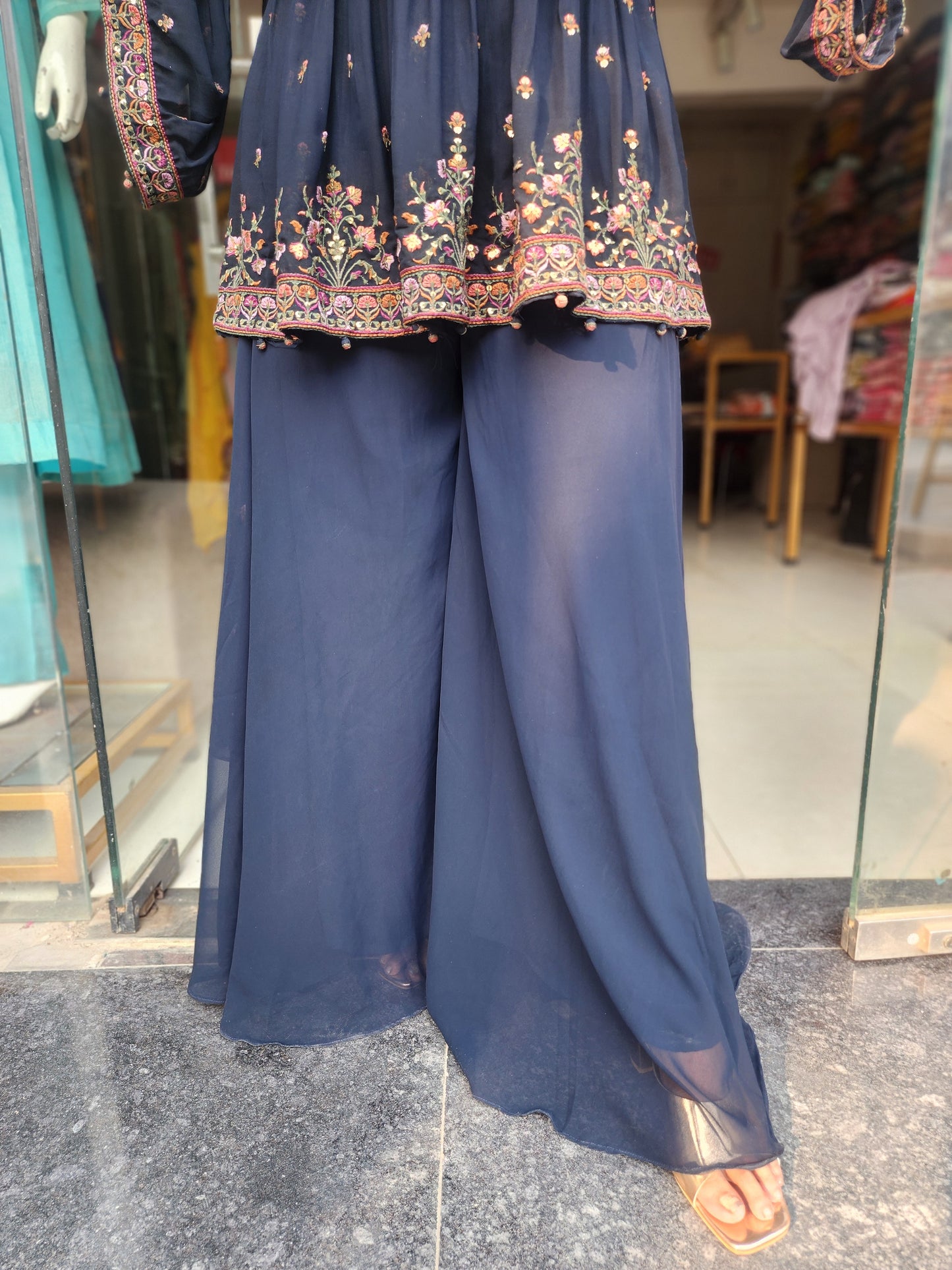 Sadaf Coal blue Embroided peplum divider dress