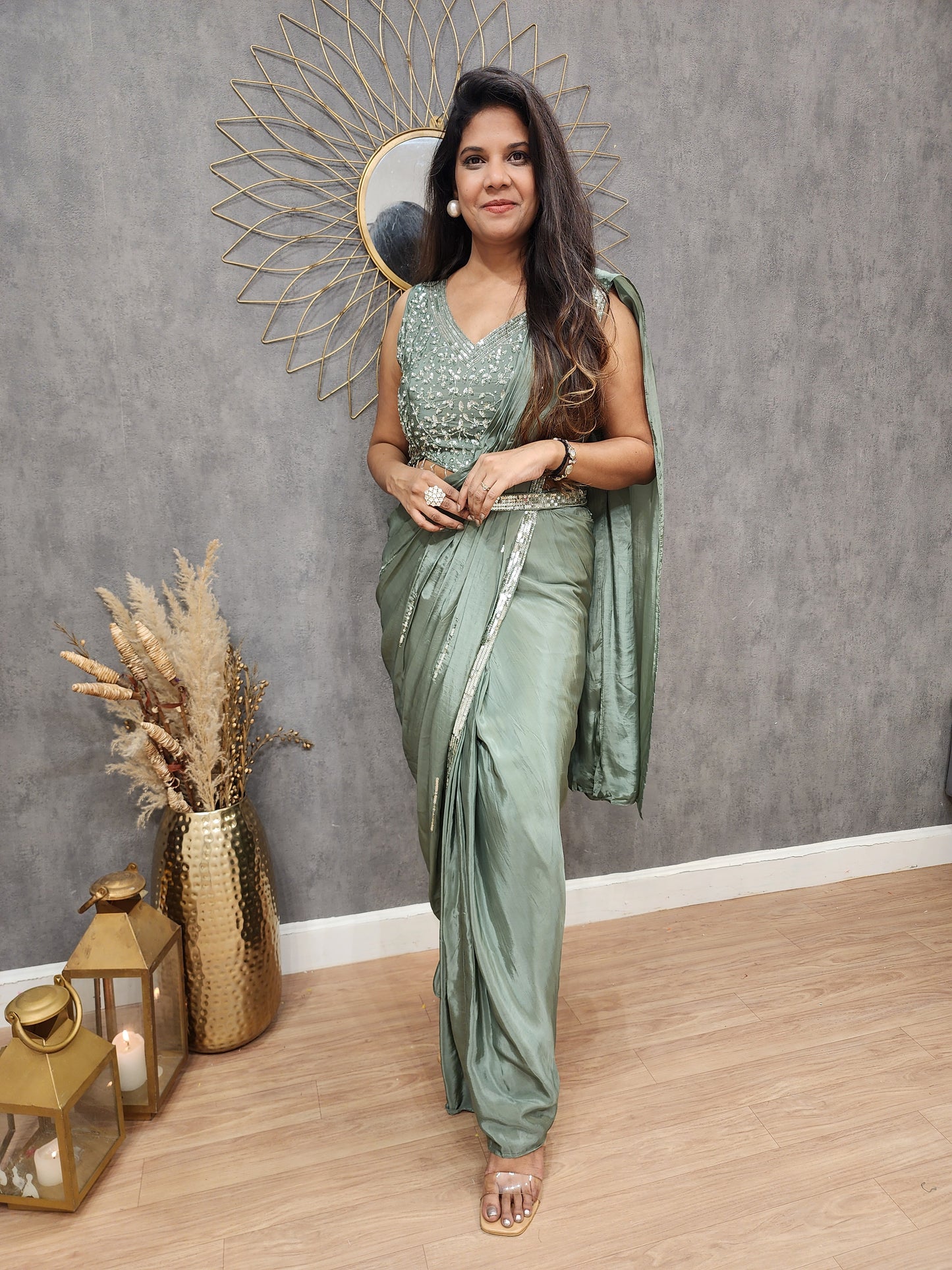 Metalik green drape saree with belt (sleeves available)
