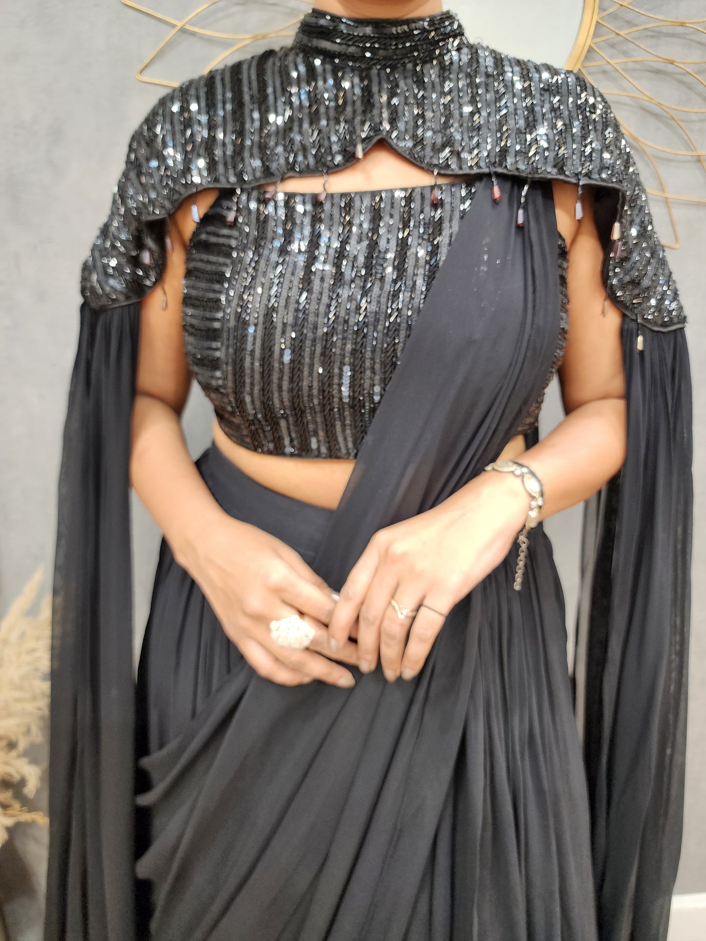 Glam sequence Black 3pc cape drape lehenga