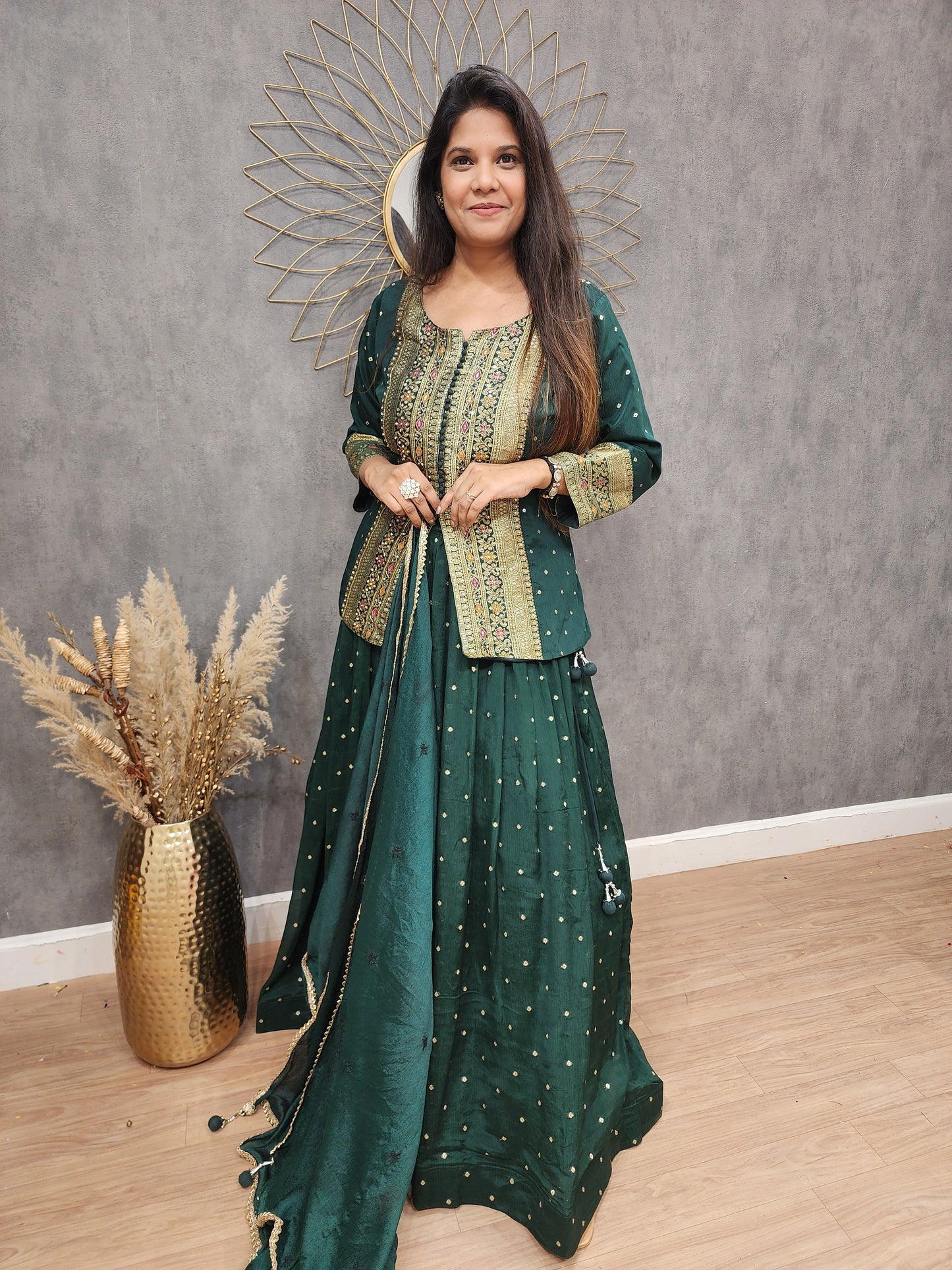 Kaynath Bottle green weaving short peplum lehenga suit