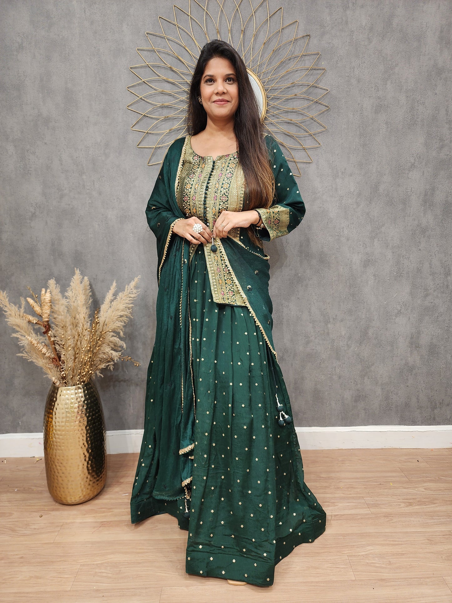 Kaynath Bottle green weaving short peplum lehenga suit