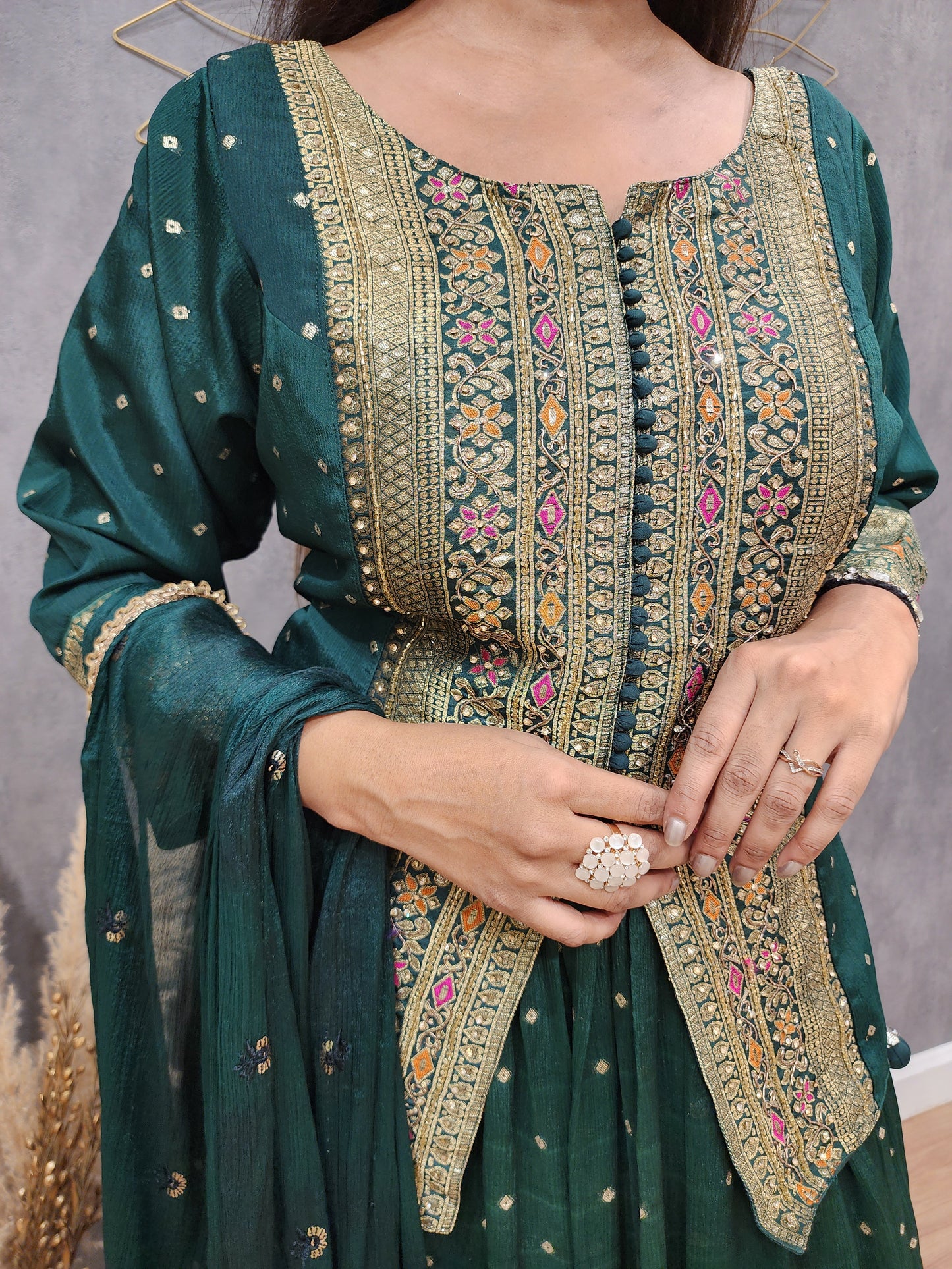 Kaynath Bottle green weaving short peplum lehenga suit
