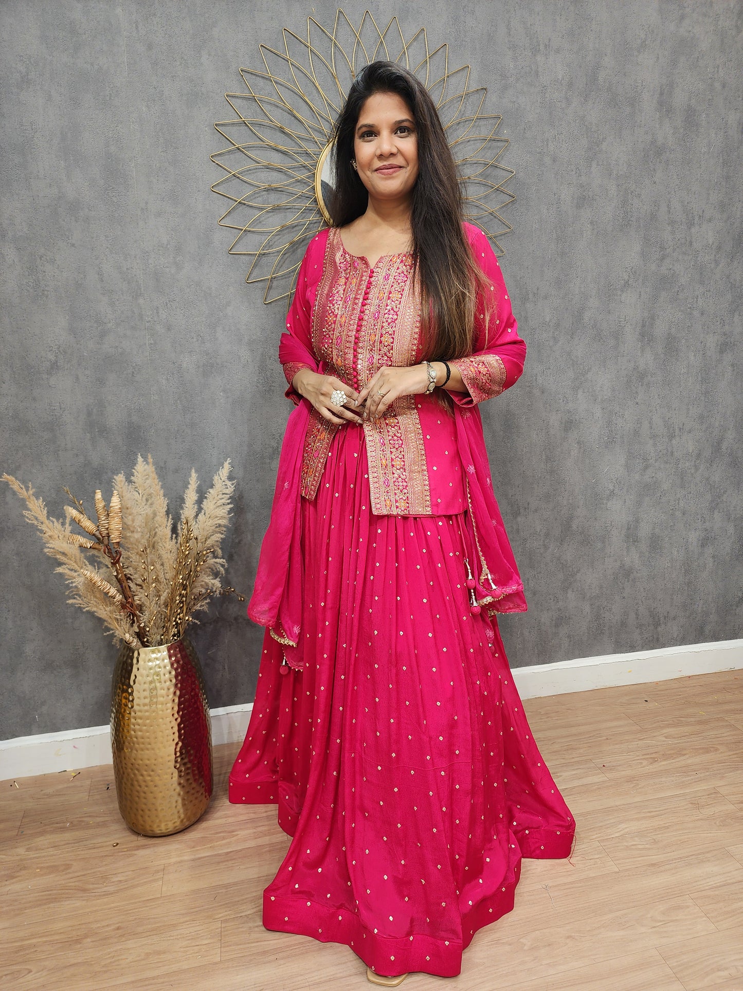Kaynath pink weaving short peplum lehenga suit