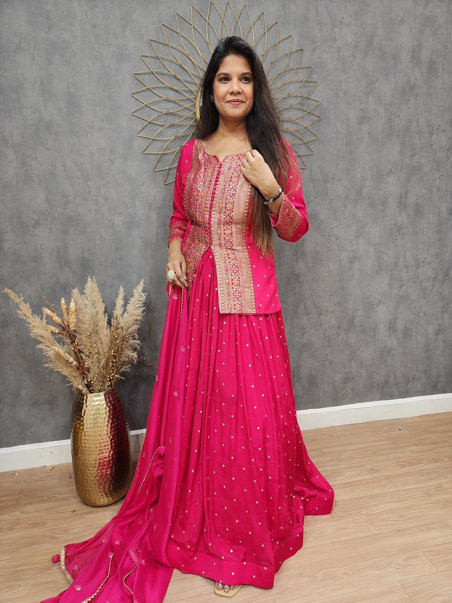 Kaynath pink weaving short peplum lehenga suit