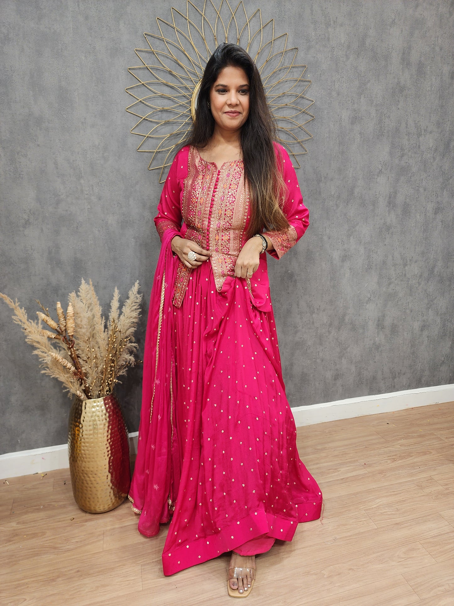 Kaynath pink weaving short peplum lehenga suit