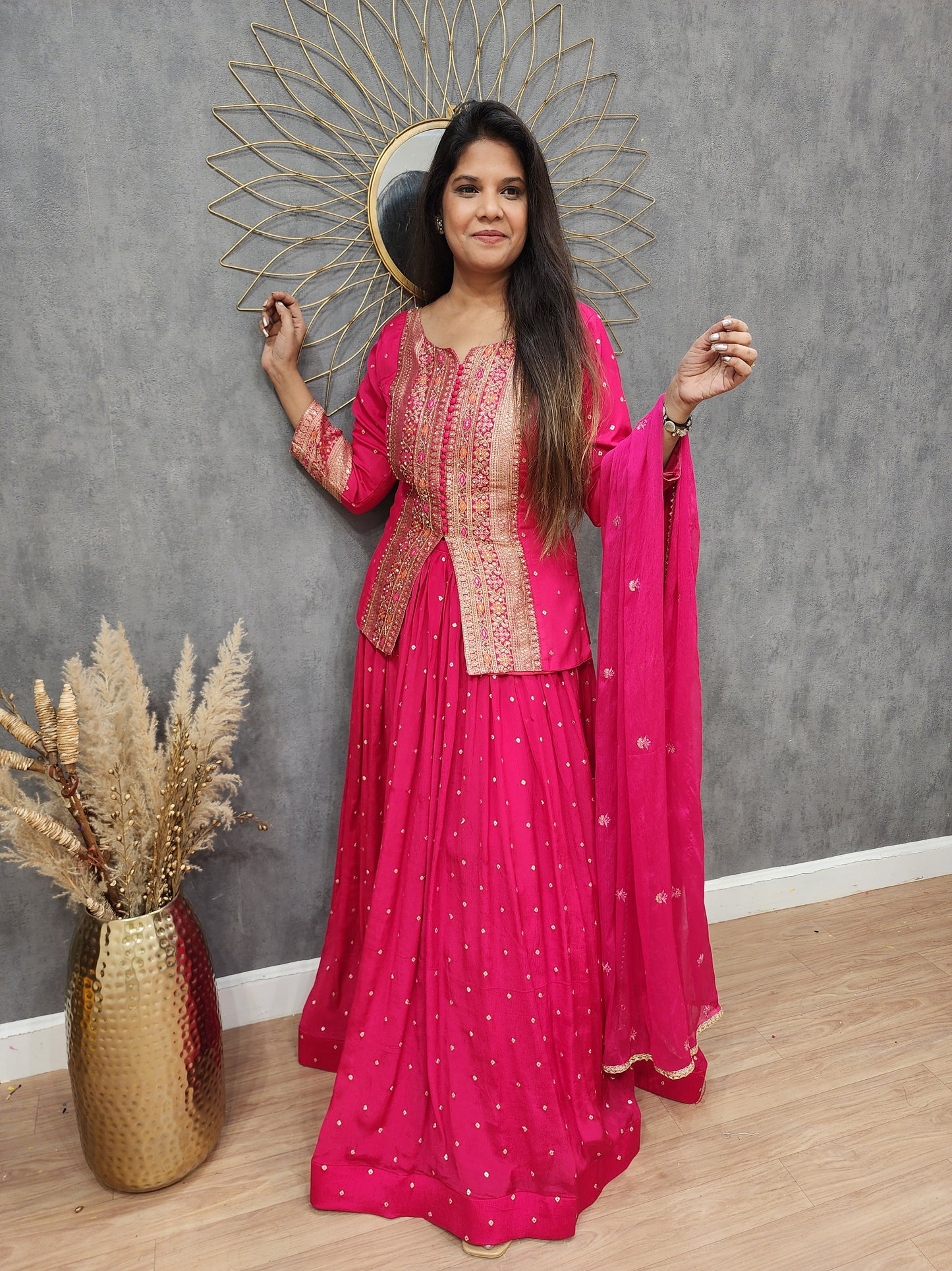 Kaynath pink weaving short peplum lehenga suit