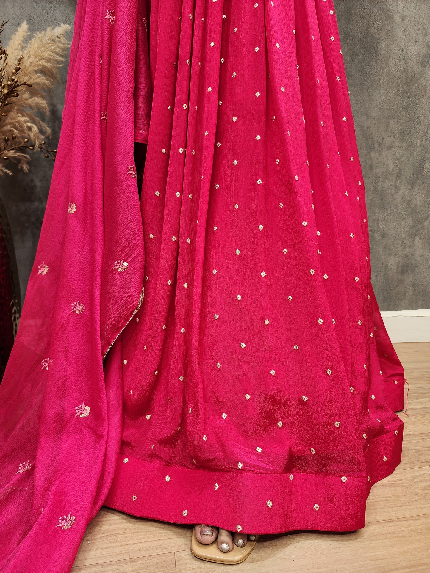 Kaynath pink weaving short peplum lehenga suit