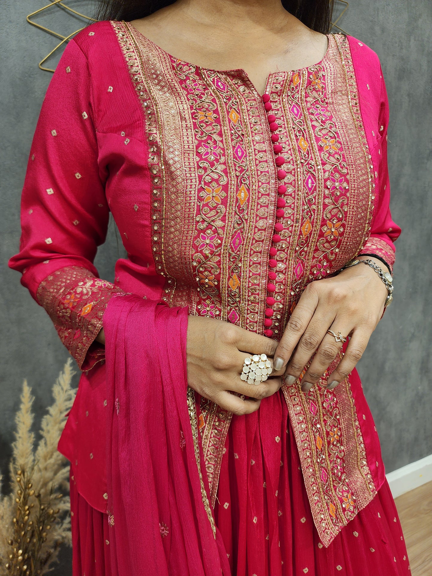 Kaynath pink weaving short peplum lehenga suit