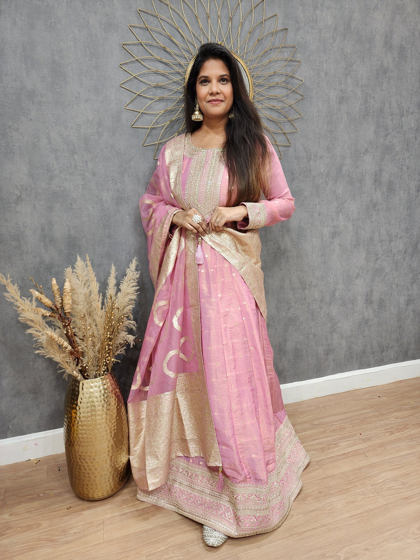 Khwab Pink weaving Embroided anarkali suit