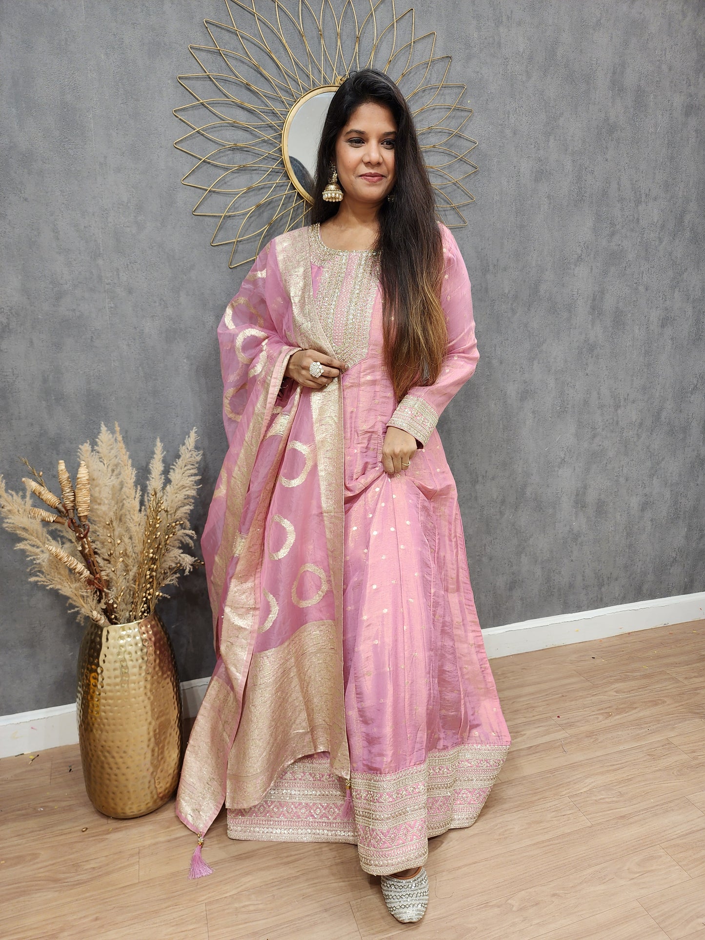 Khwab Pink weaving Embroided anarkali suit