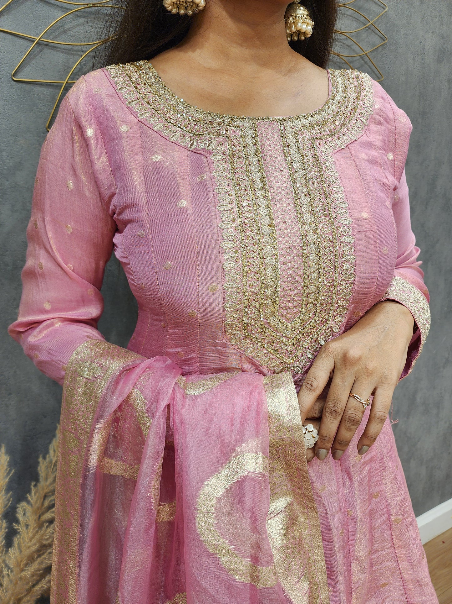 Khwab Pink weaving Embroided anarkali suit