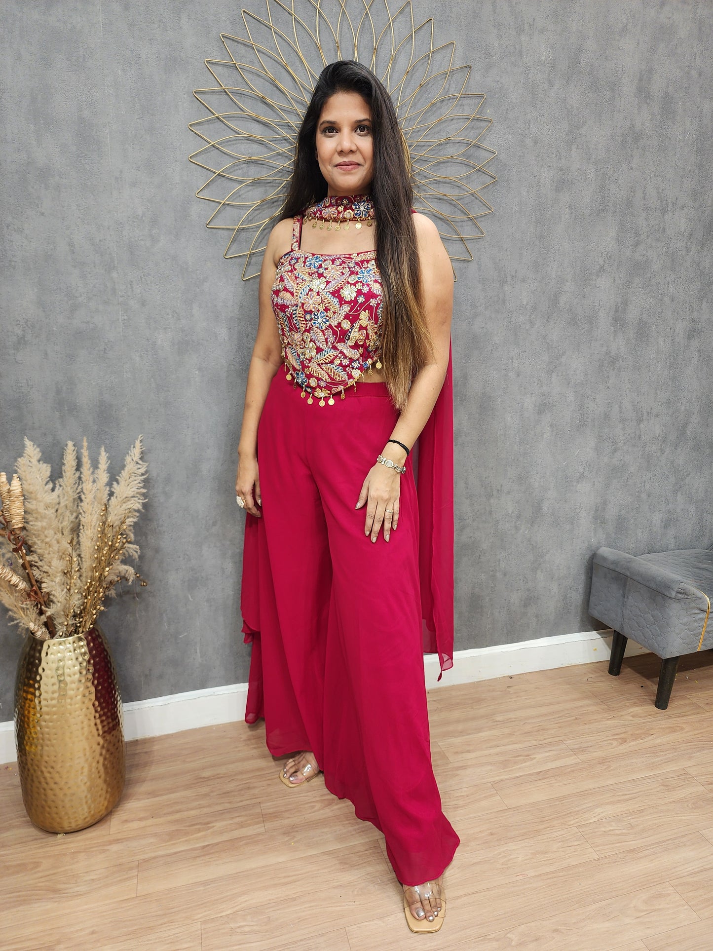 Kareena cherry 3pc indowestern divider dress