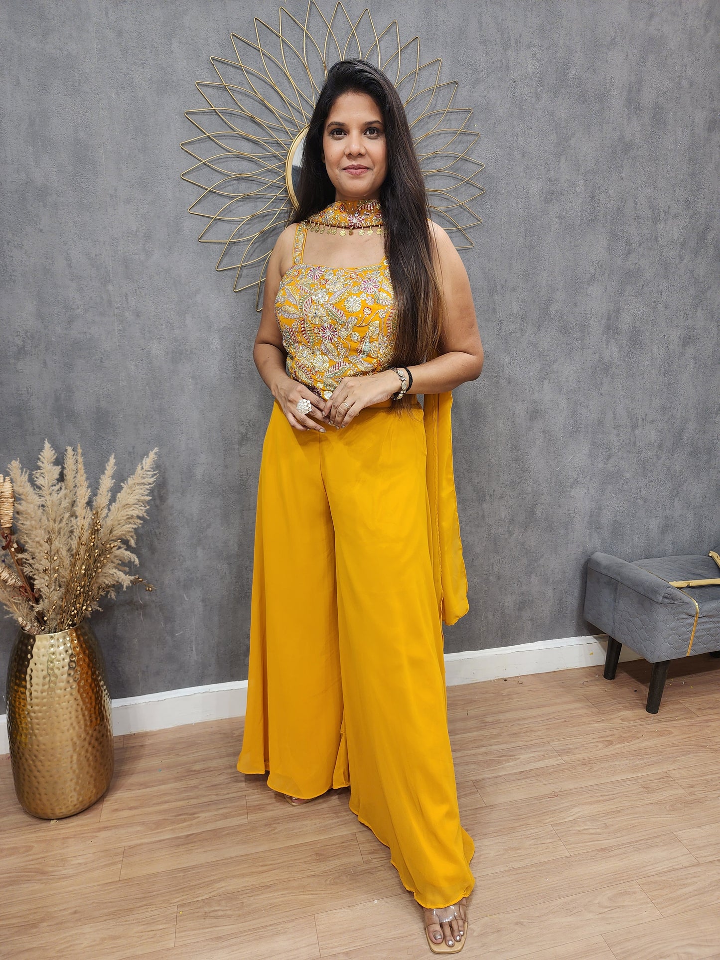 Kareena turmeric yellow 3pc indowestern divider dress