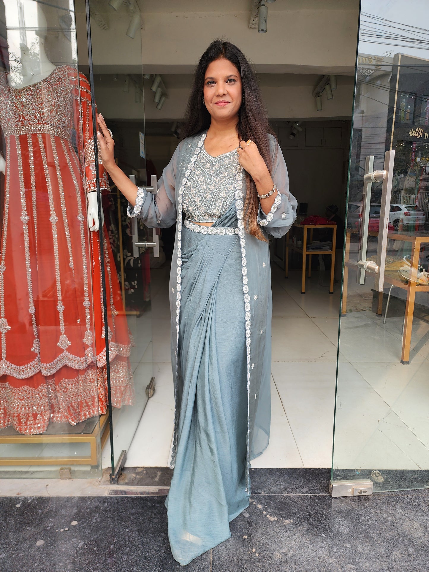 Metallick green drape indowestern long jacket saree