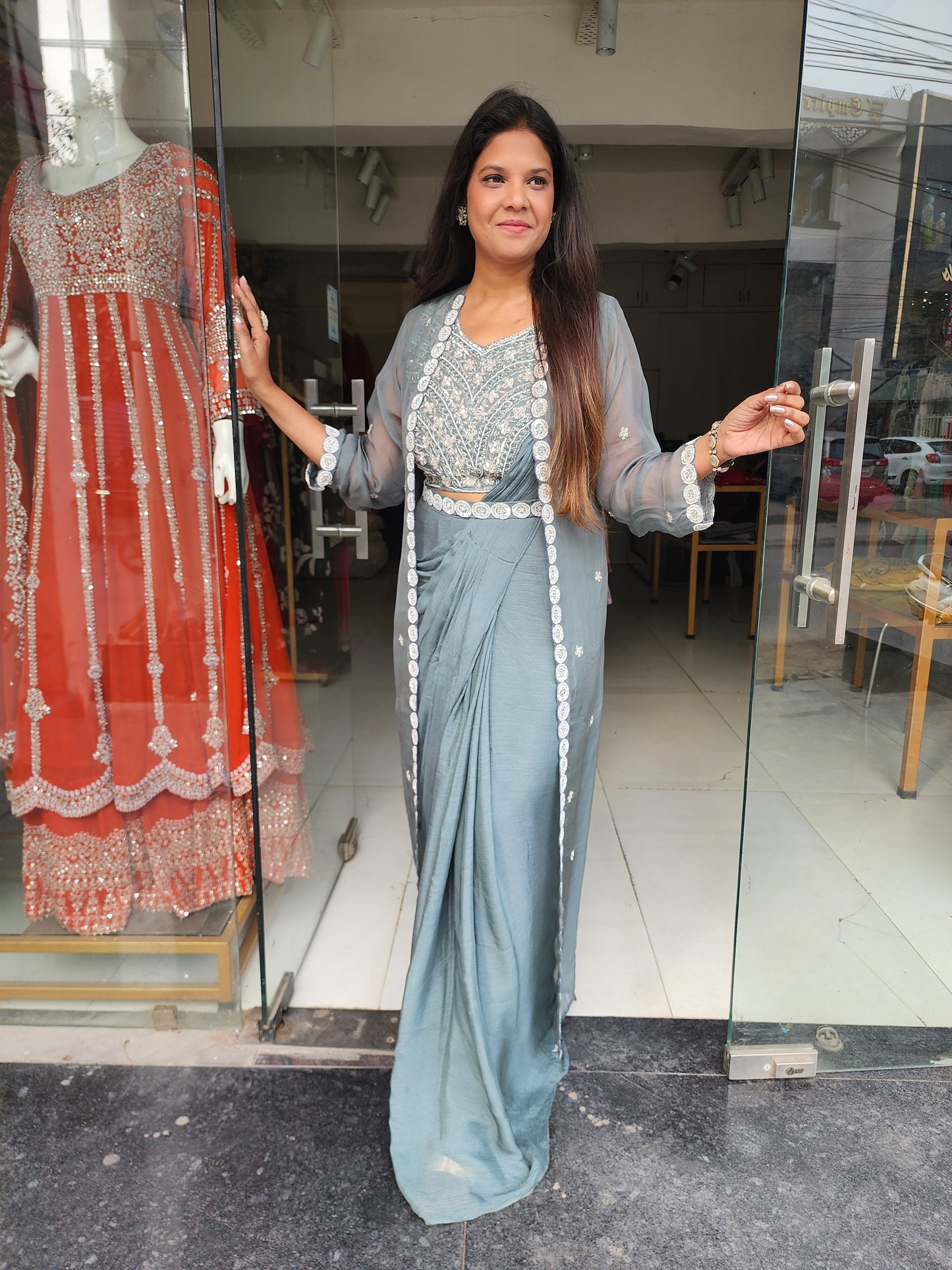 Metallick green drape indowestern long jacket saree