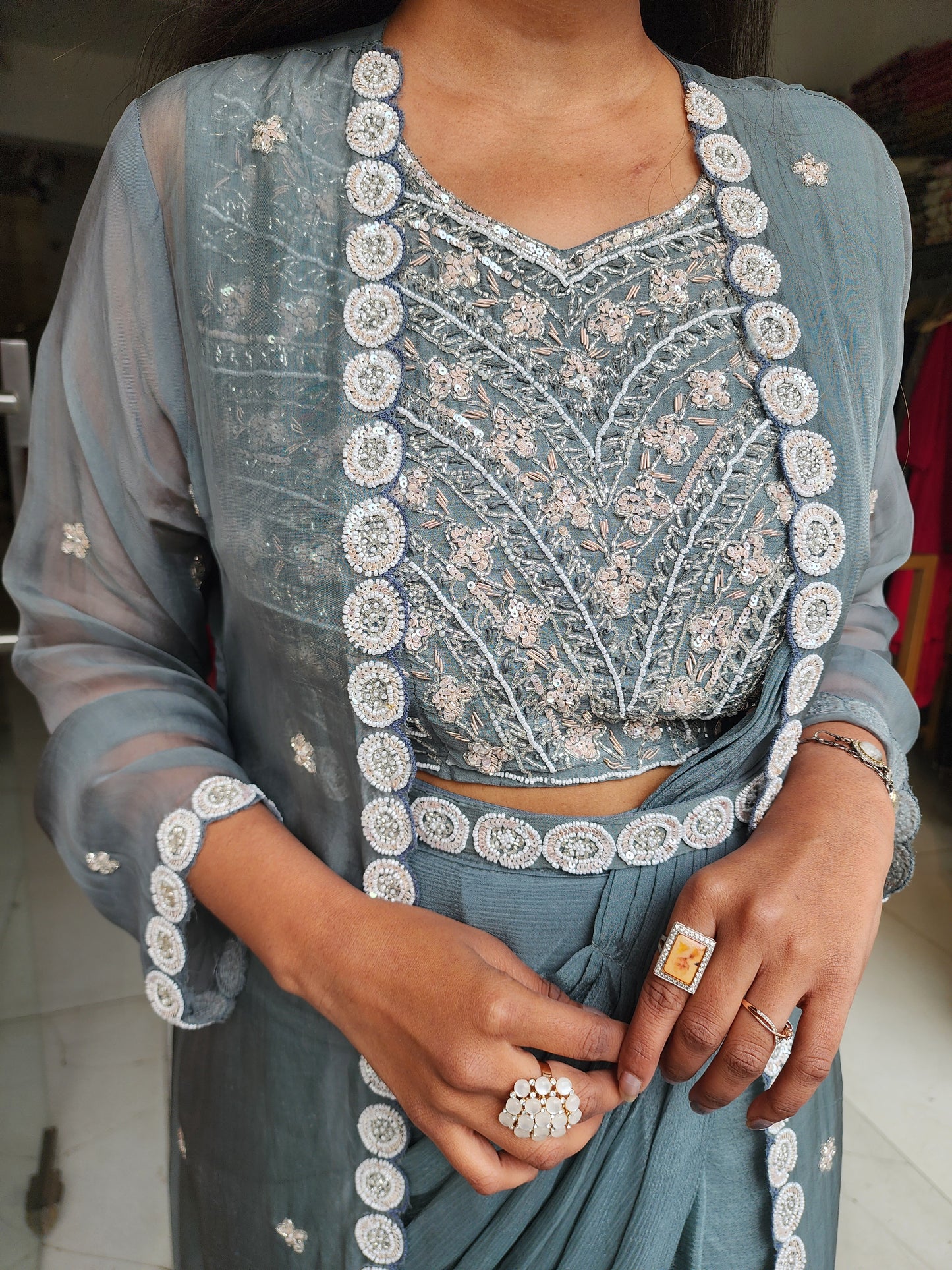Metallick green drape indowestern long jacket saree