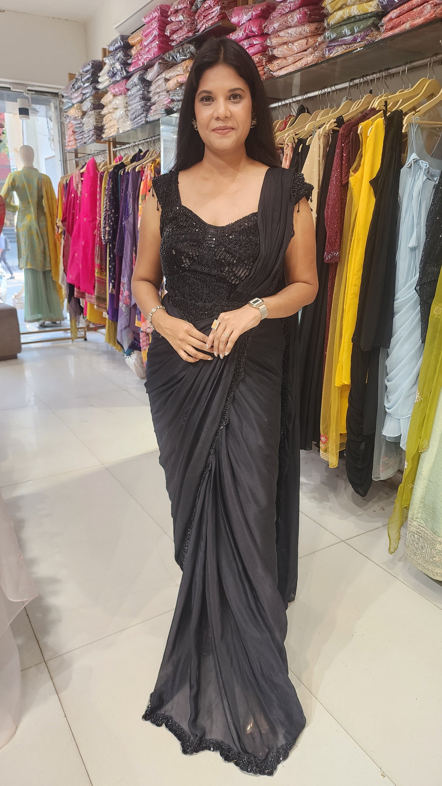 Black drape embellished saree