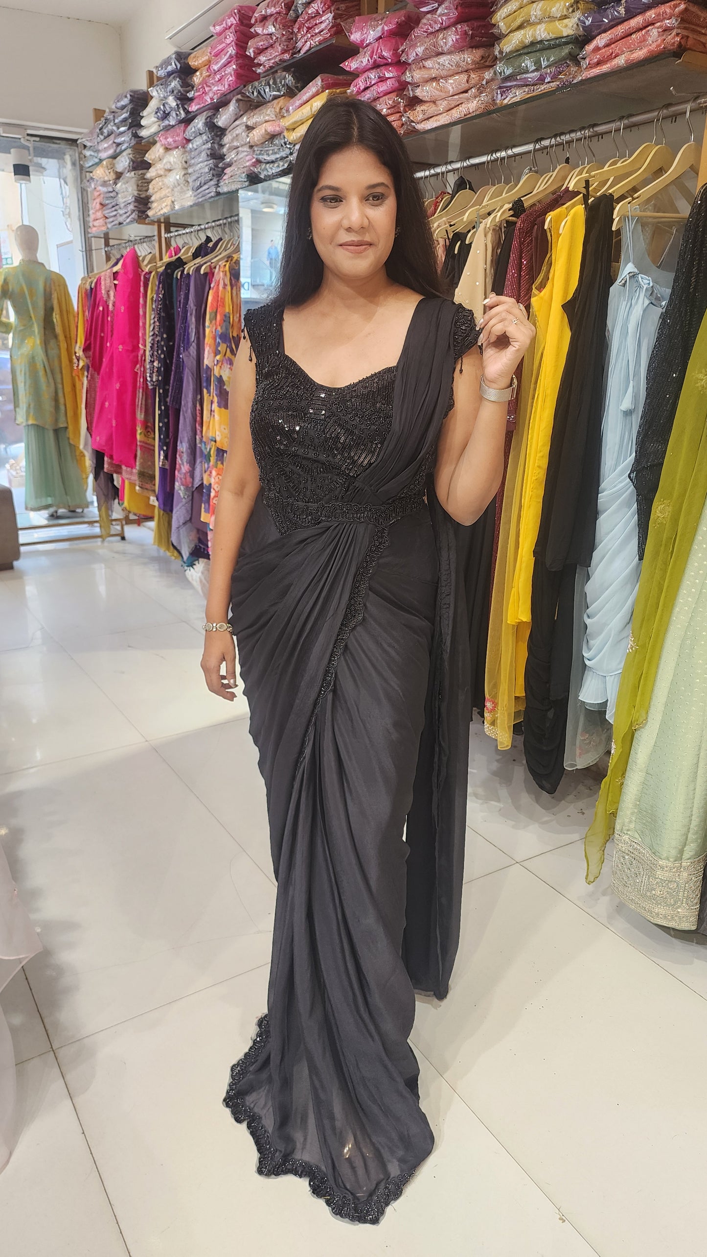 Black drape embellished saree