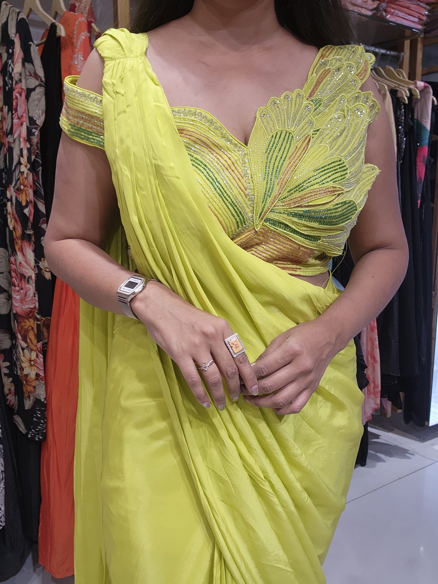 Parrot green butterfly neck drape saree