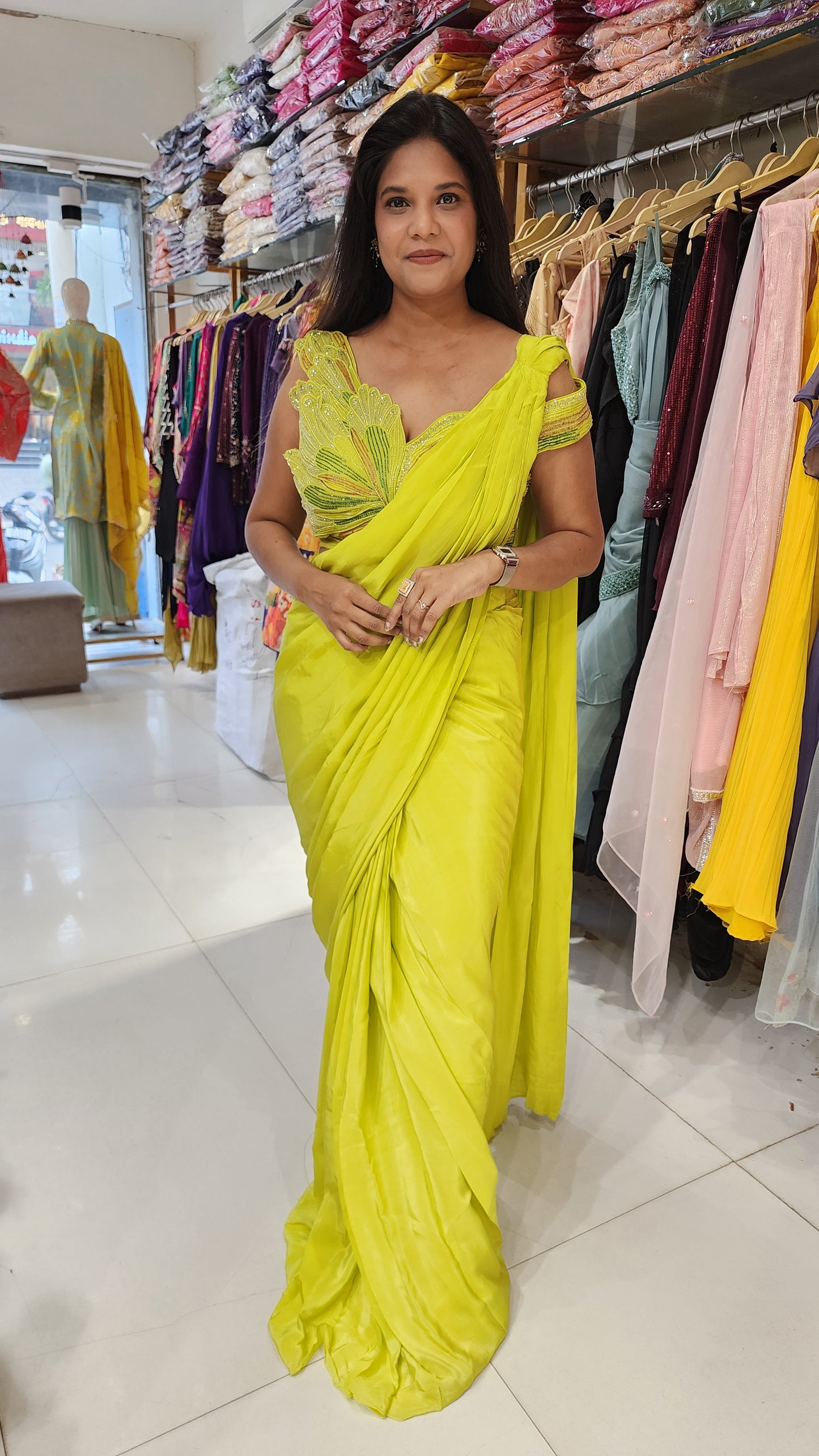 Parrot green butterfly neck drape saree