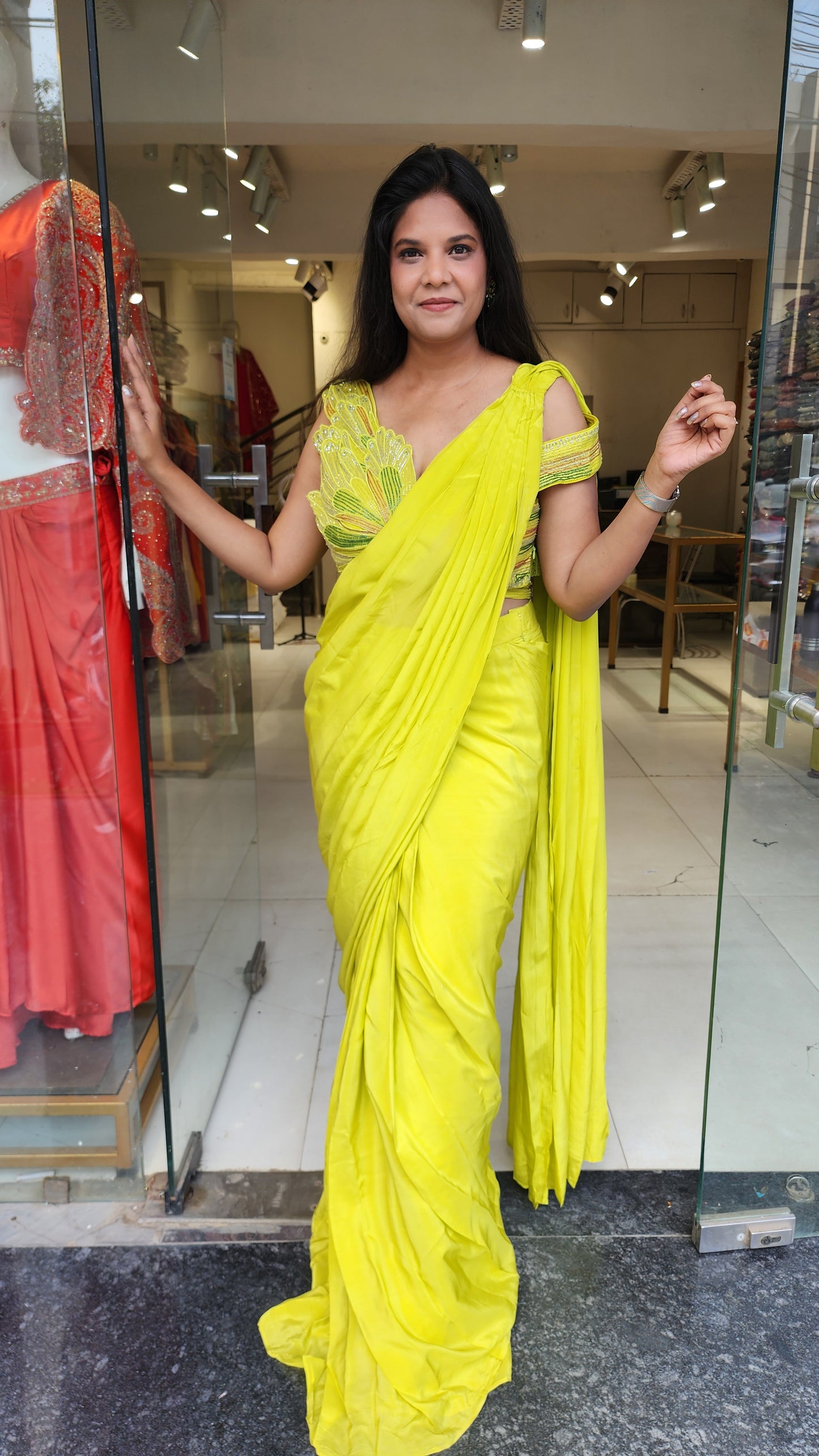 Parrot green butterfly neck drape saree