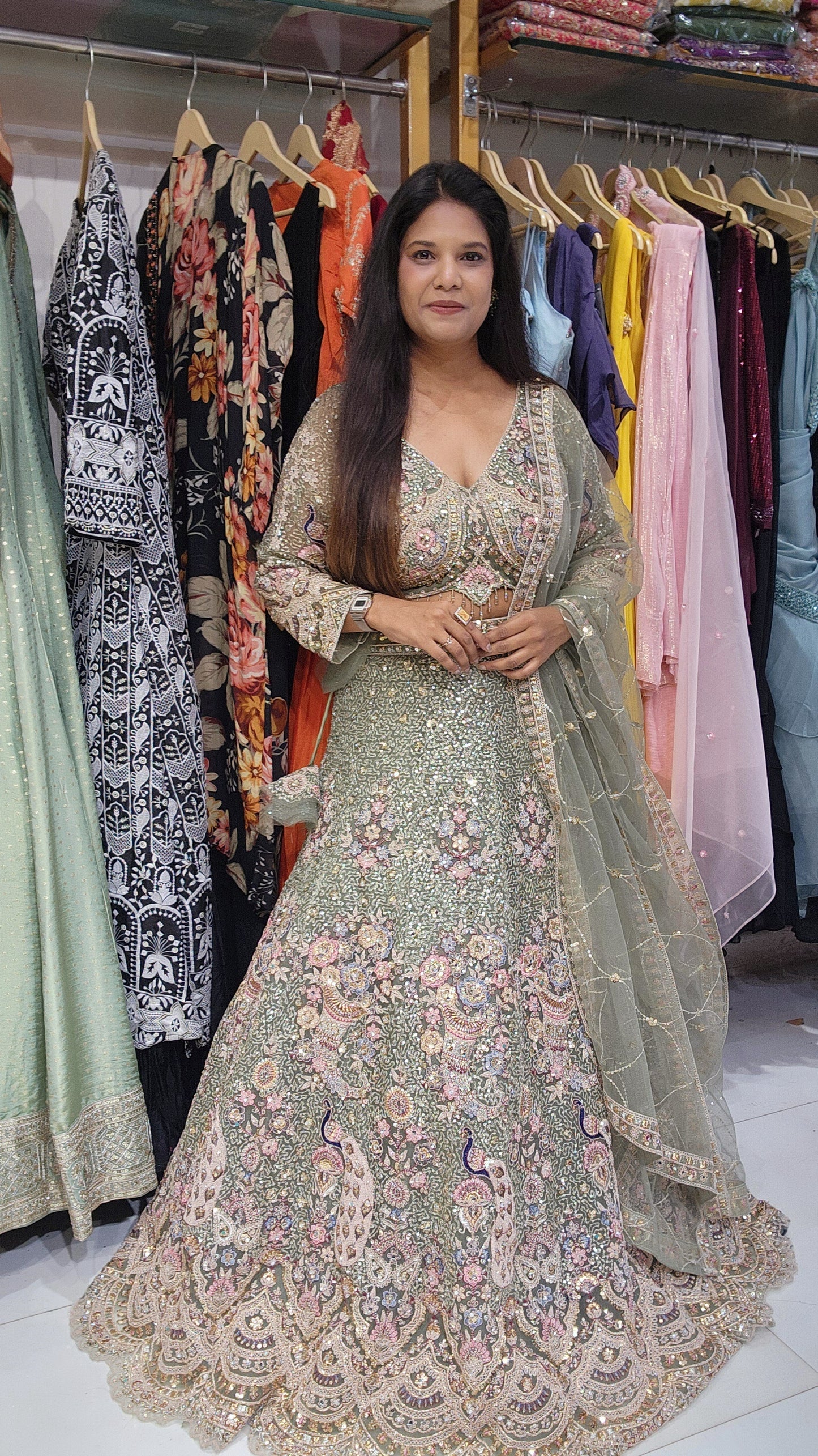 Pastel green peacock Embroided lehenga