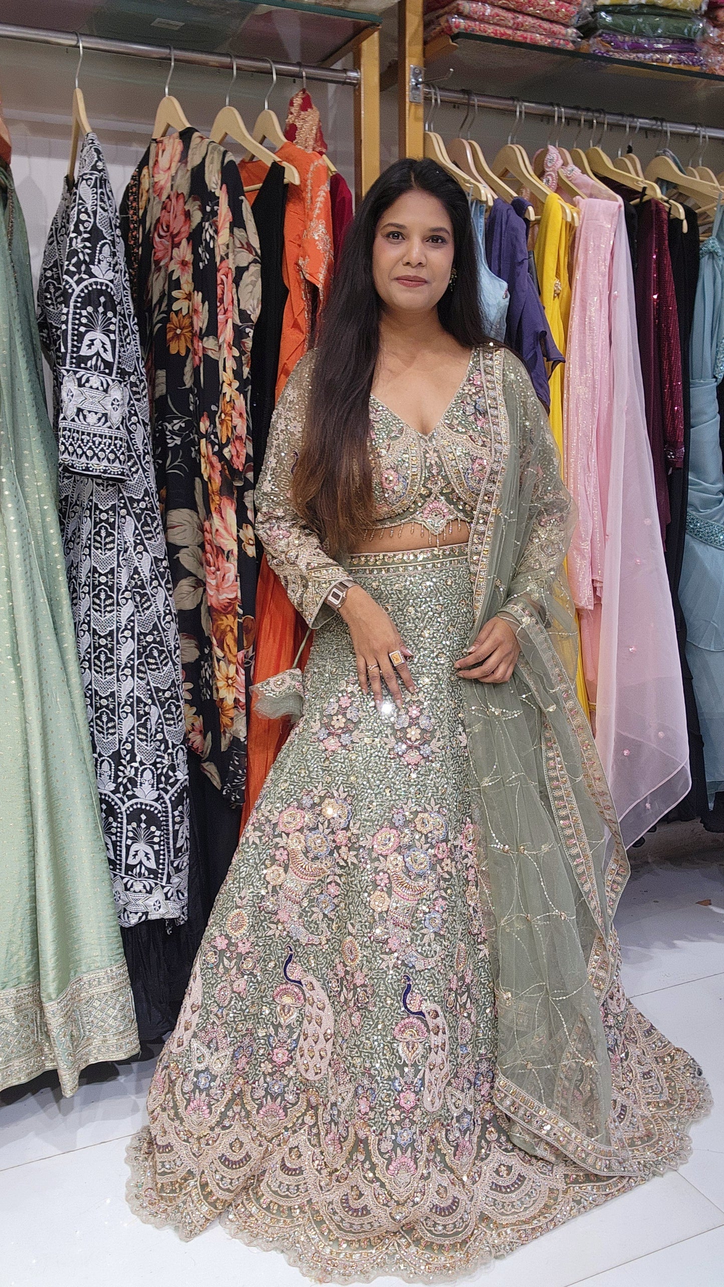 Pastel green peacock Embroided lehenga