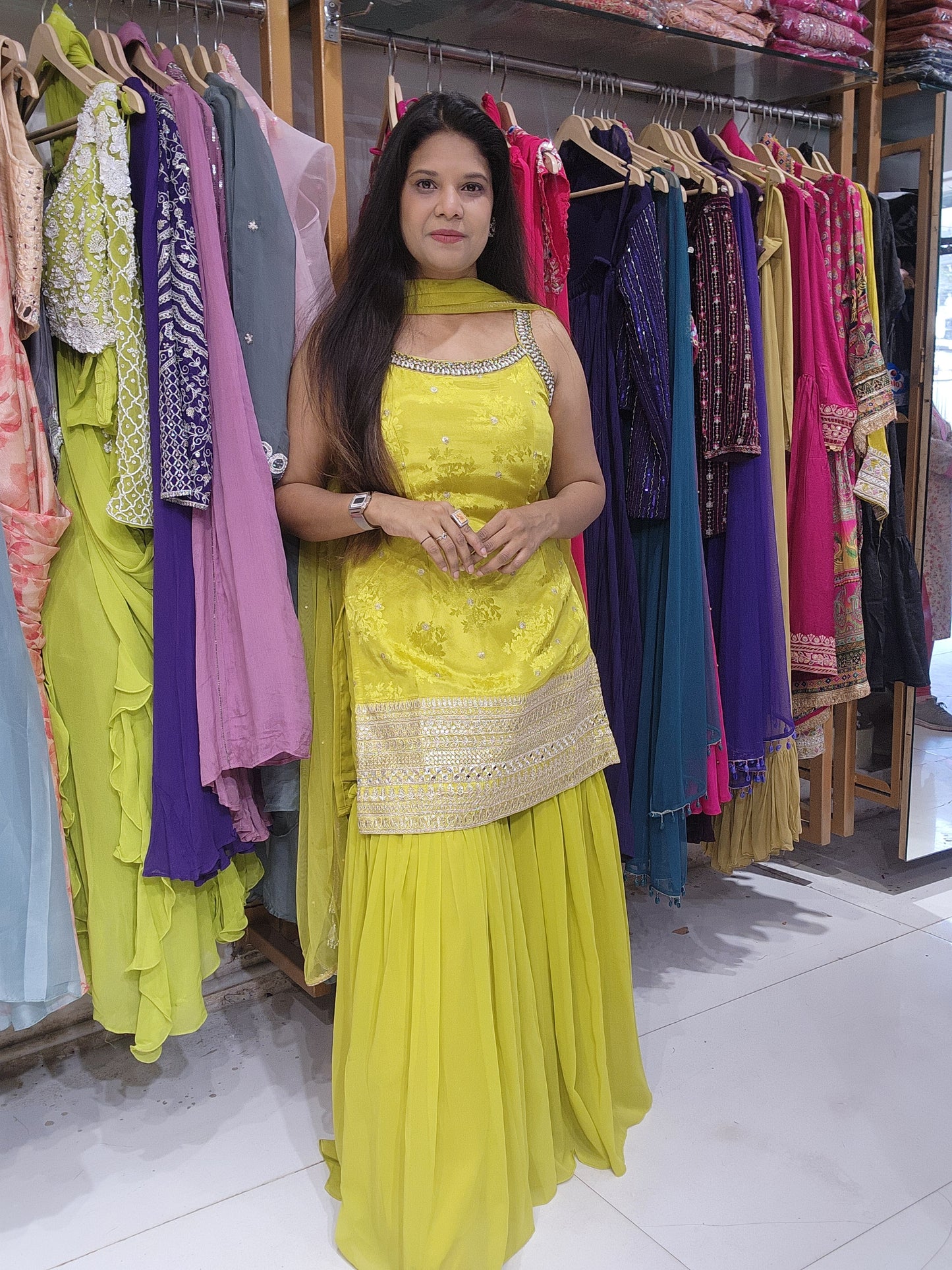Lime yellow step sharara suit