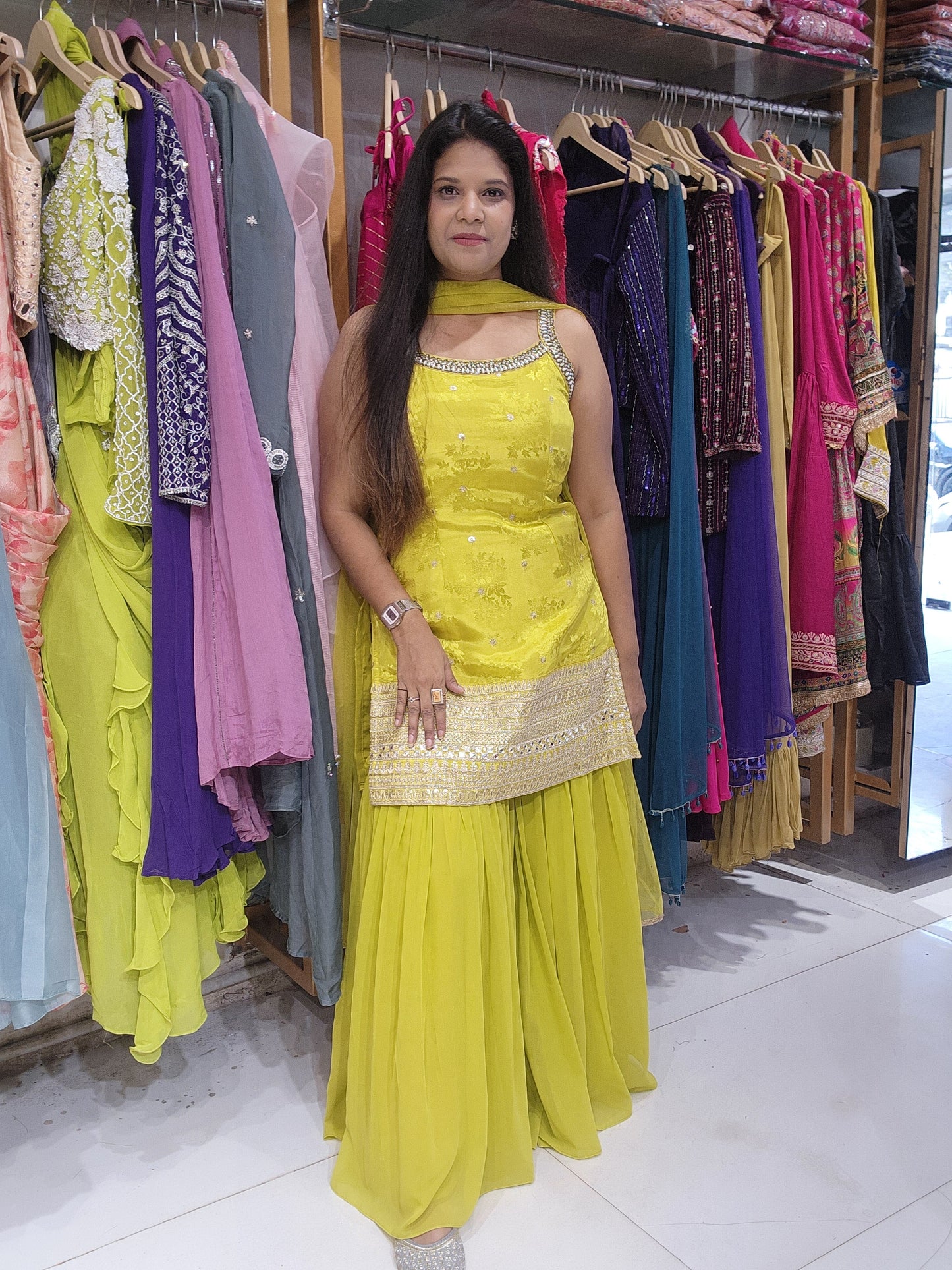 Lime yellow step sharara suit