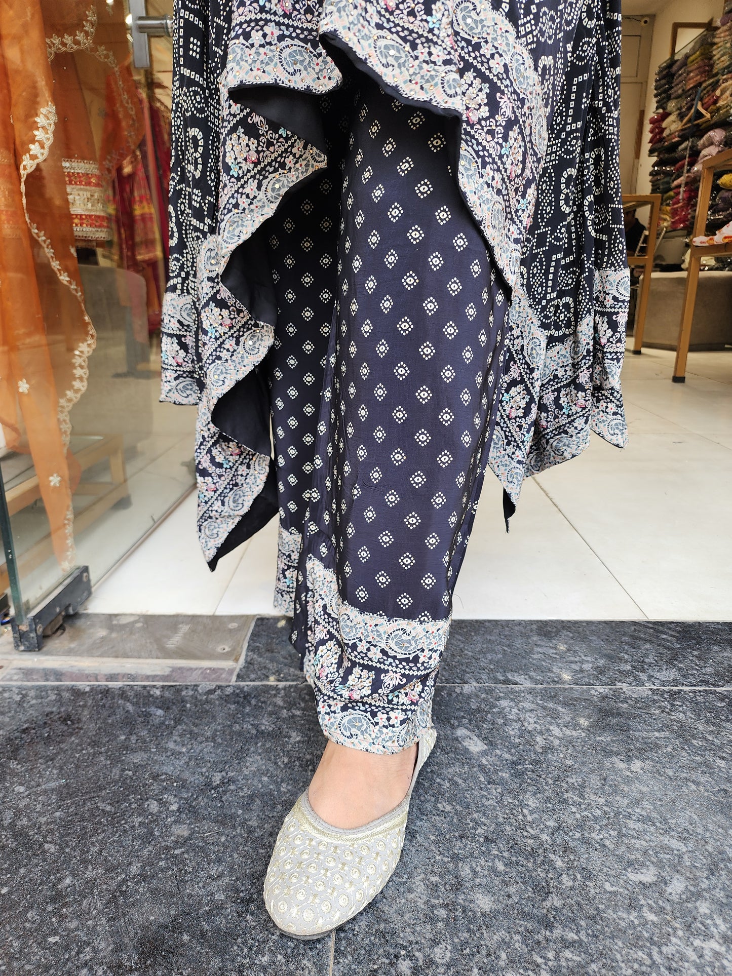 Black crepe bandhani print high low co-ord set