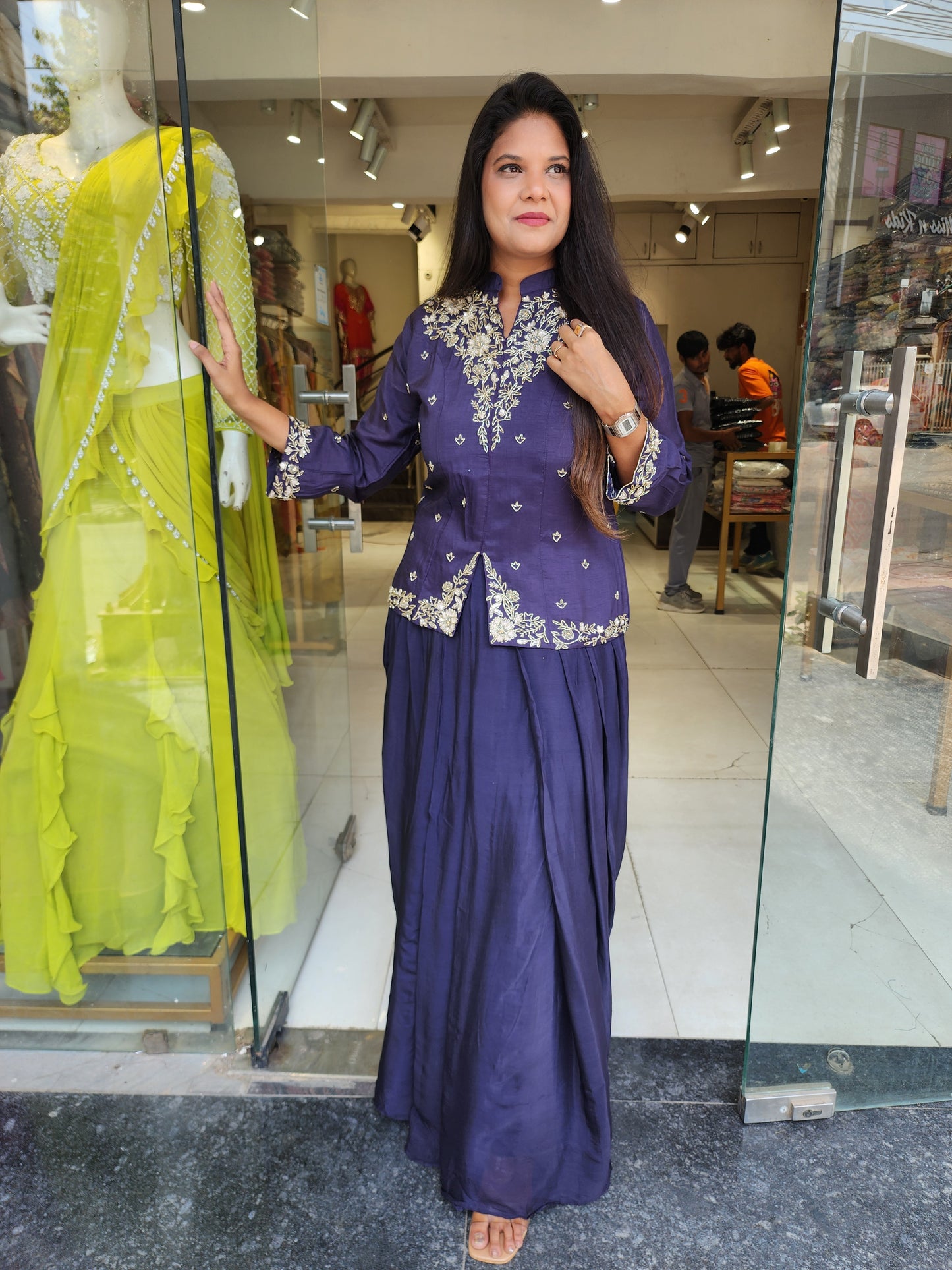 Pastel purple short blouse with cowl skirt