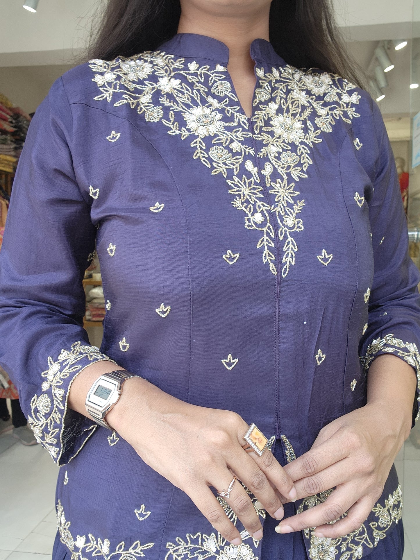 Pastel purple short blouse with cowl skirt