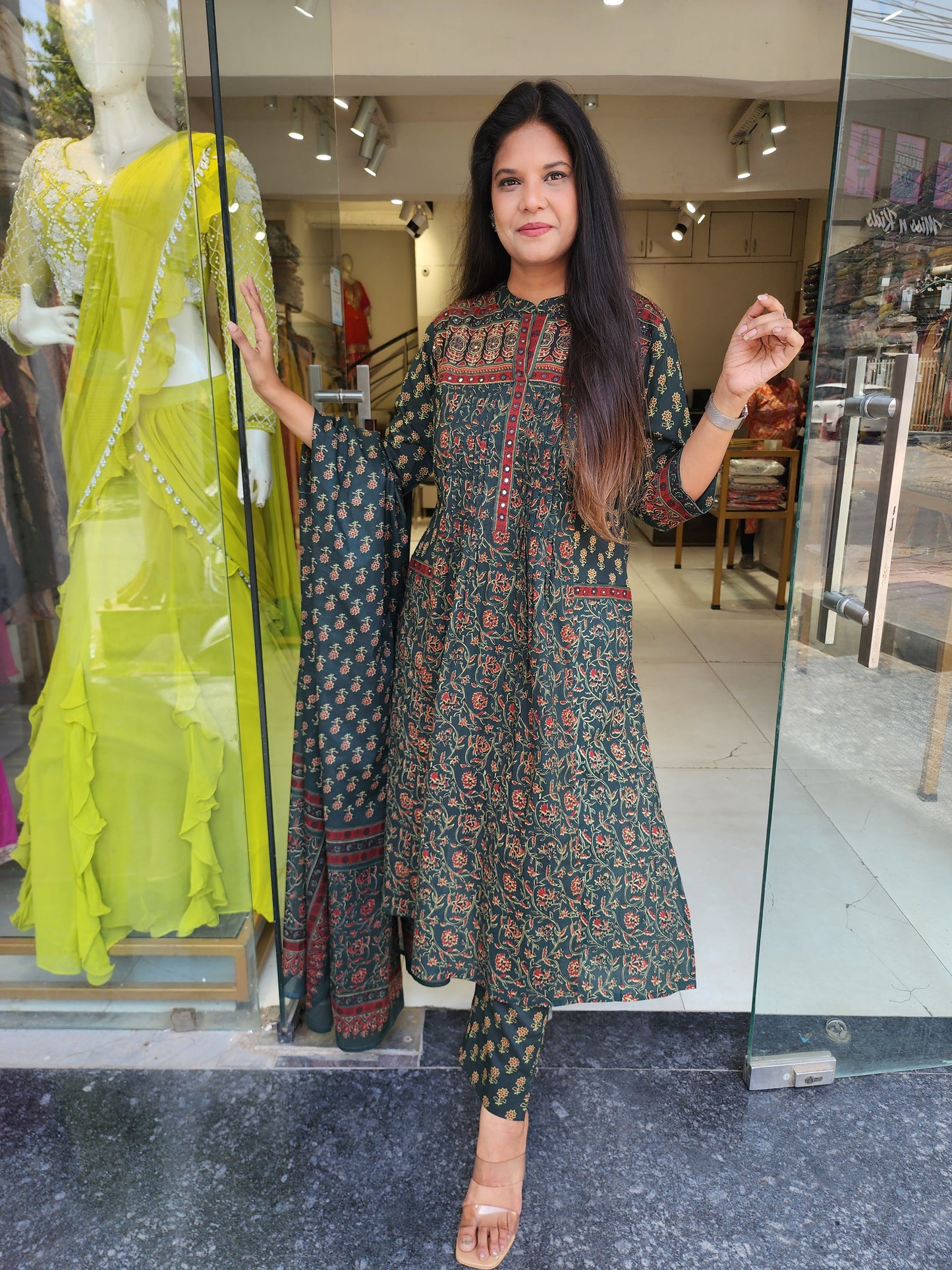 Green kalamkari pocket A line suit