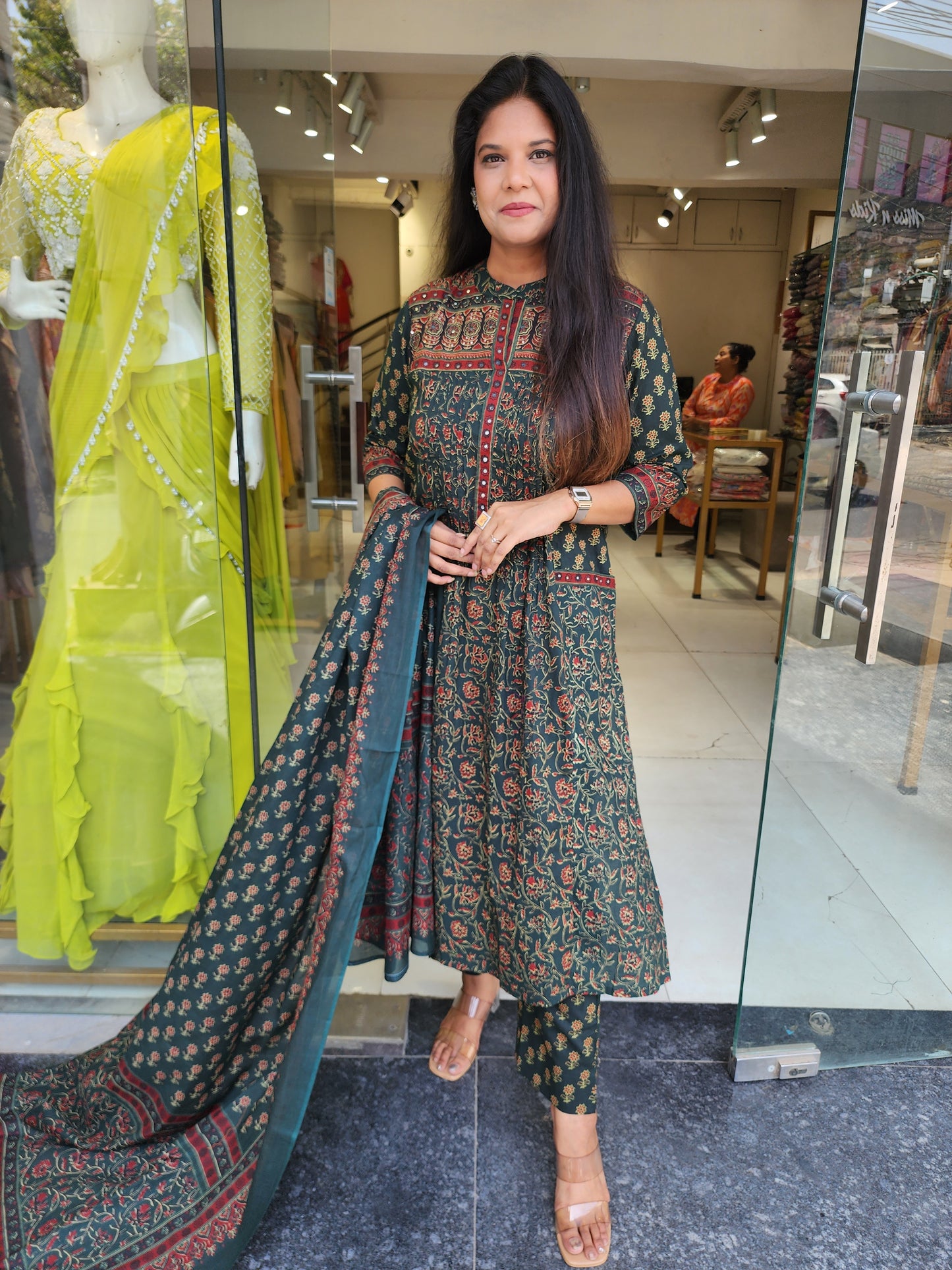 Green kalamkari pocket A line suit