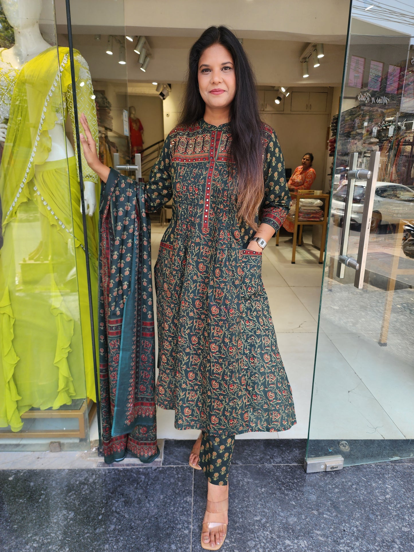 Green kalamkari pocket A line suit