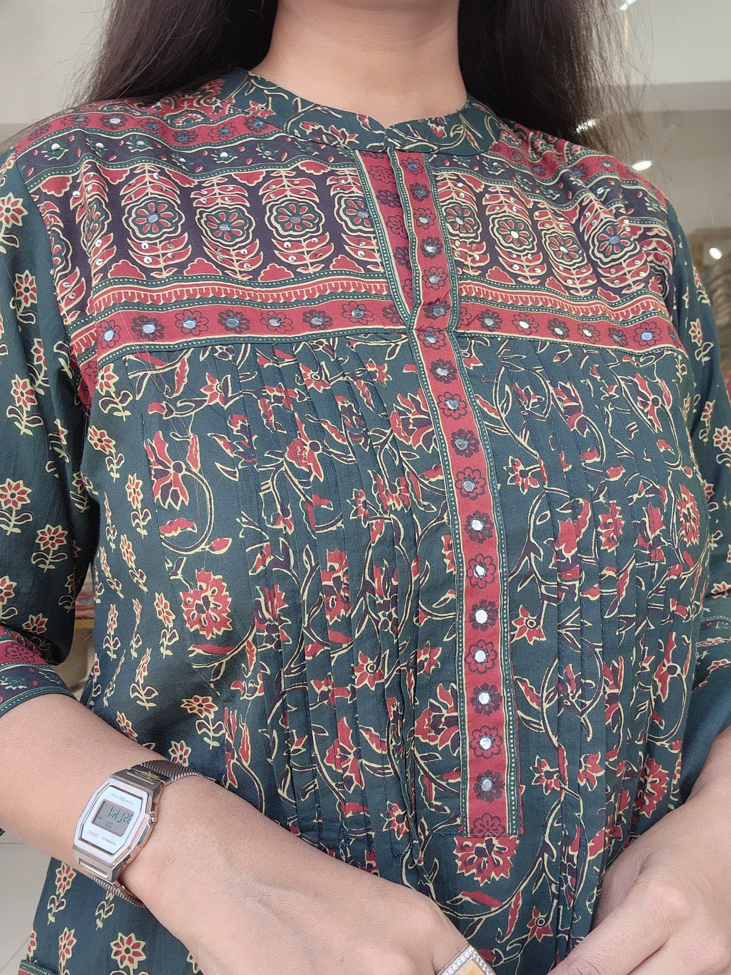 Green kalamkari pocket A line suit