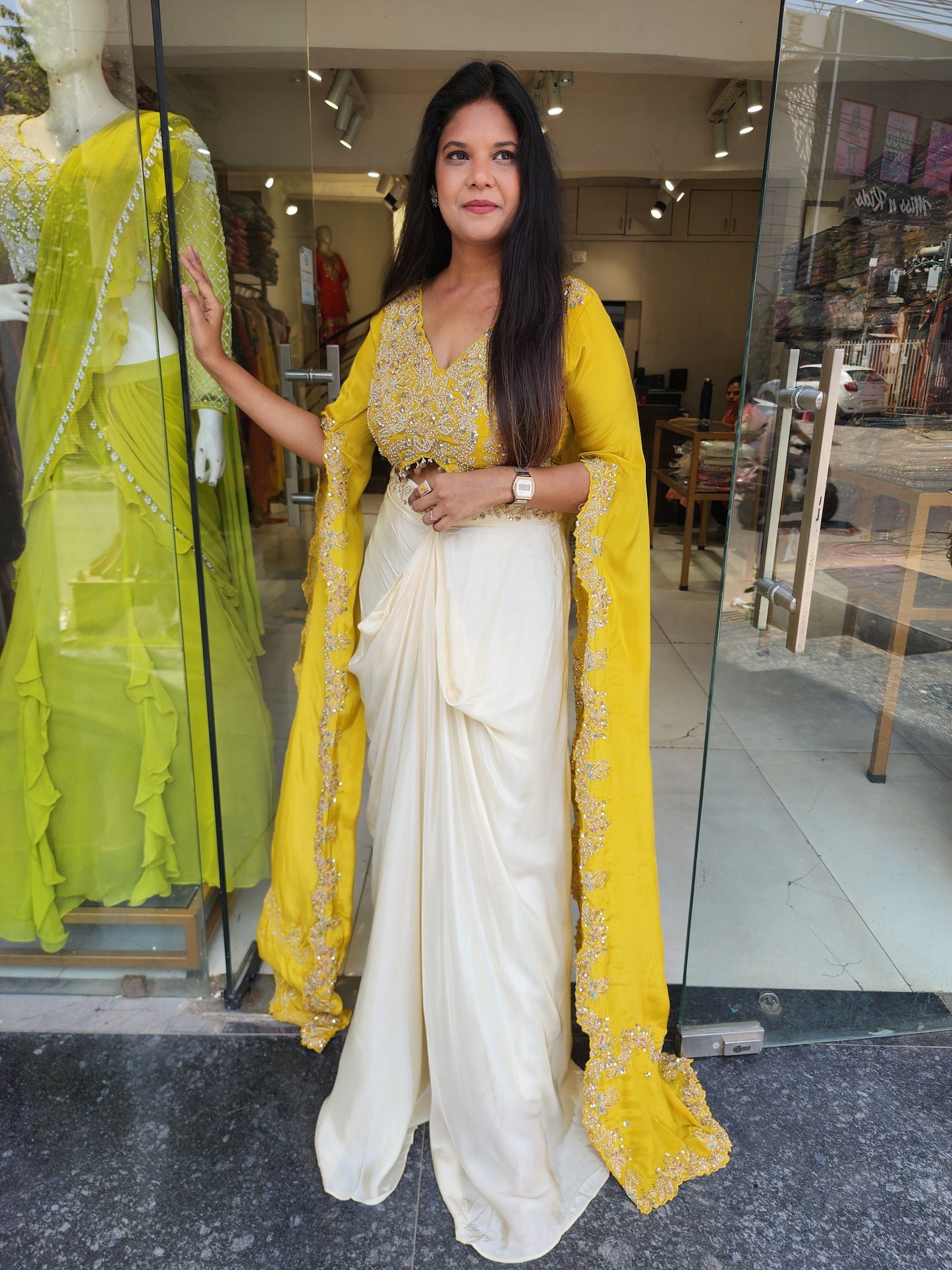 Jeenat yellow creme cowl dress