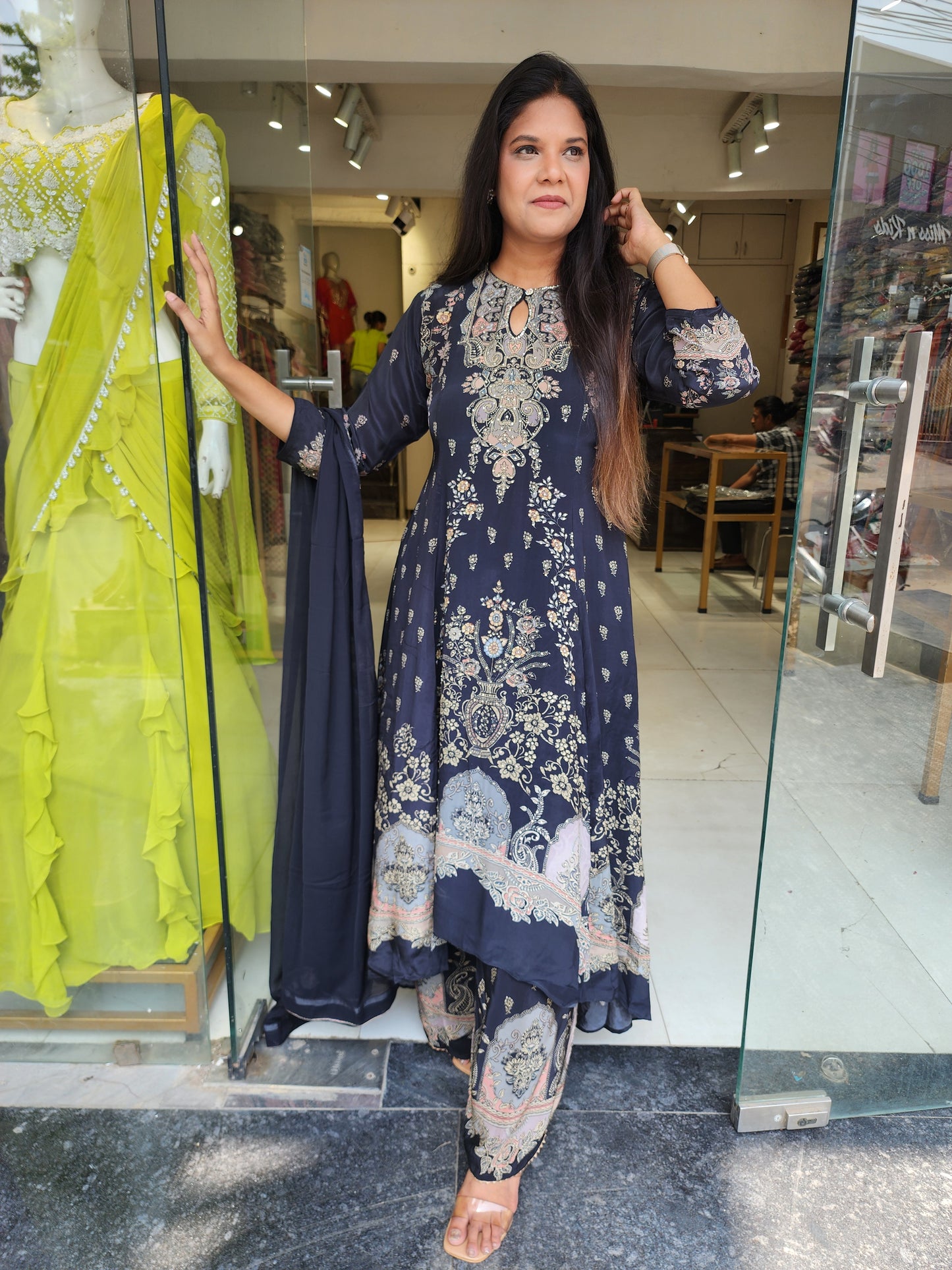 Black digital print high low suit